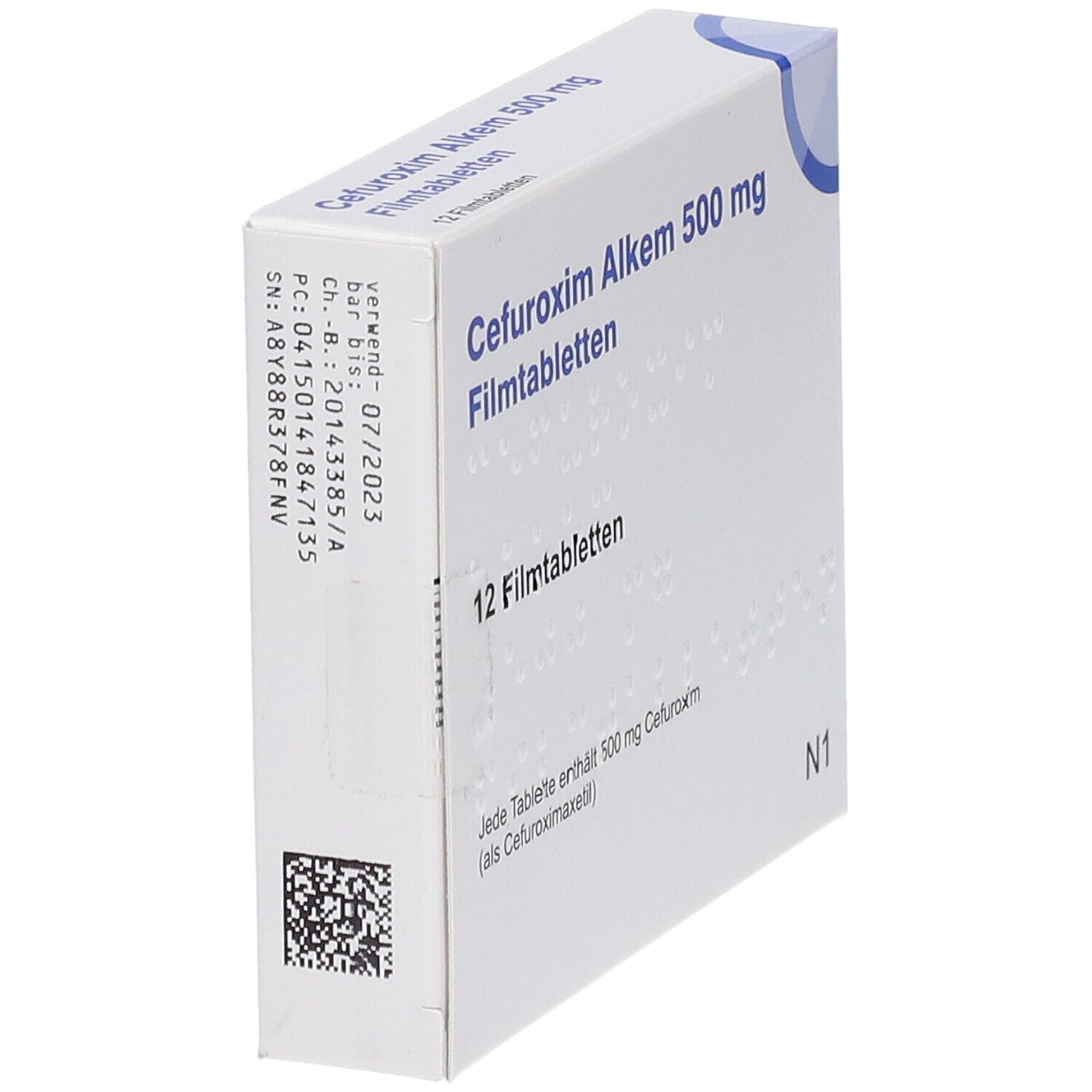 Schachtel "Cefuroxim Alkem 500 mg Filmtabletten". Seitenansicht. Enthält 12 Tabletten. Barcode und weitere Informationen auf der Seite.