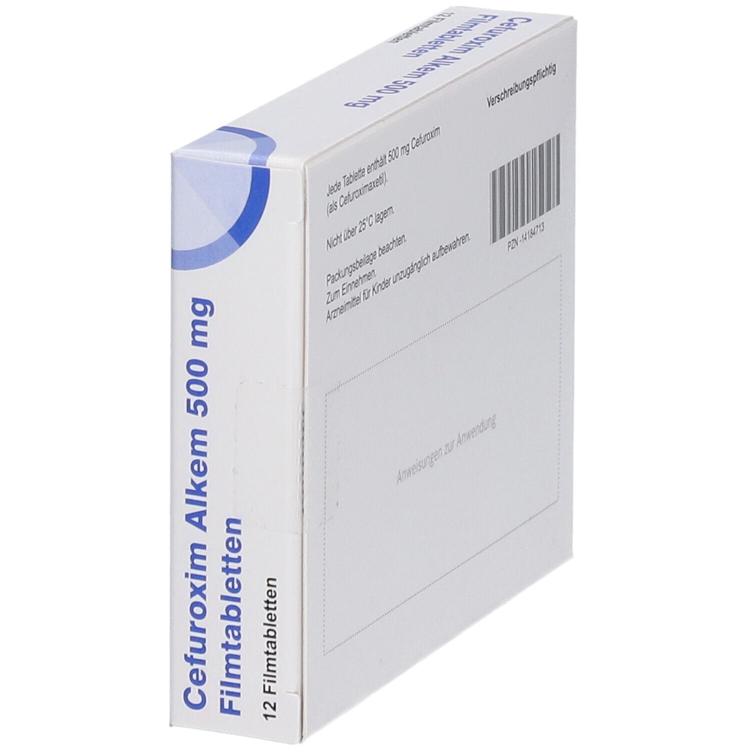 Schachtel "Cefuroxim Alkem 500 mg Filmtabletten". Seitenansicht. Blaue Halbkreis-Design. Enthält 12 Tabletten. Text.
