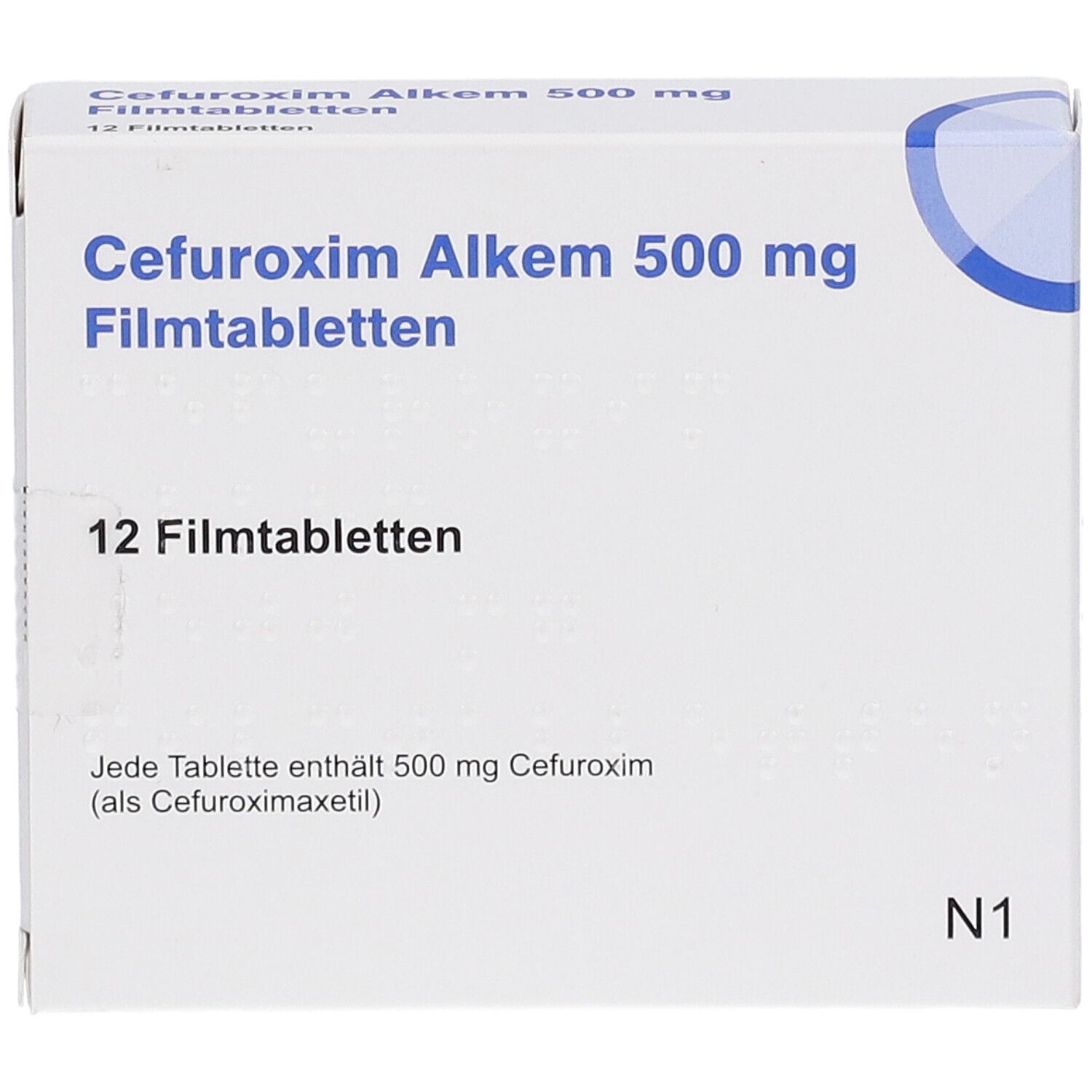 Weiße Schachtel "Cefuroxim Alkem 500 mg Filmtabletten". Enthält 12 Tabletten. Blaue Halbkreis-Design. N1-Kennzeichnung.