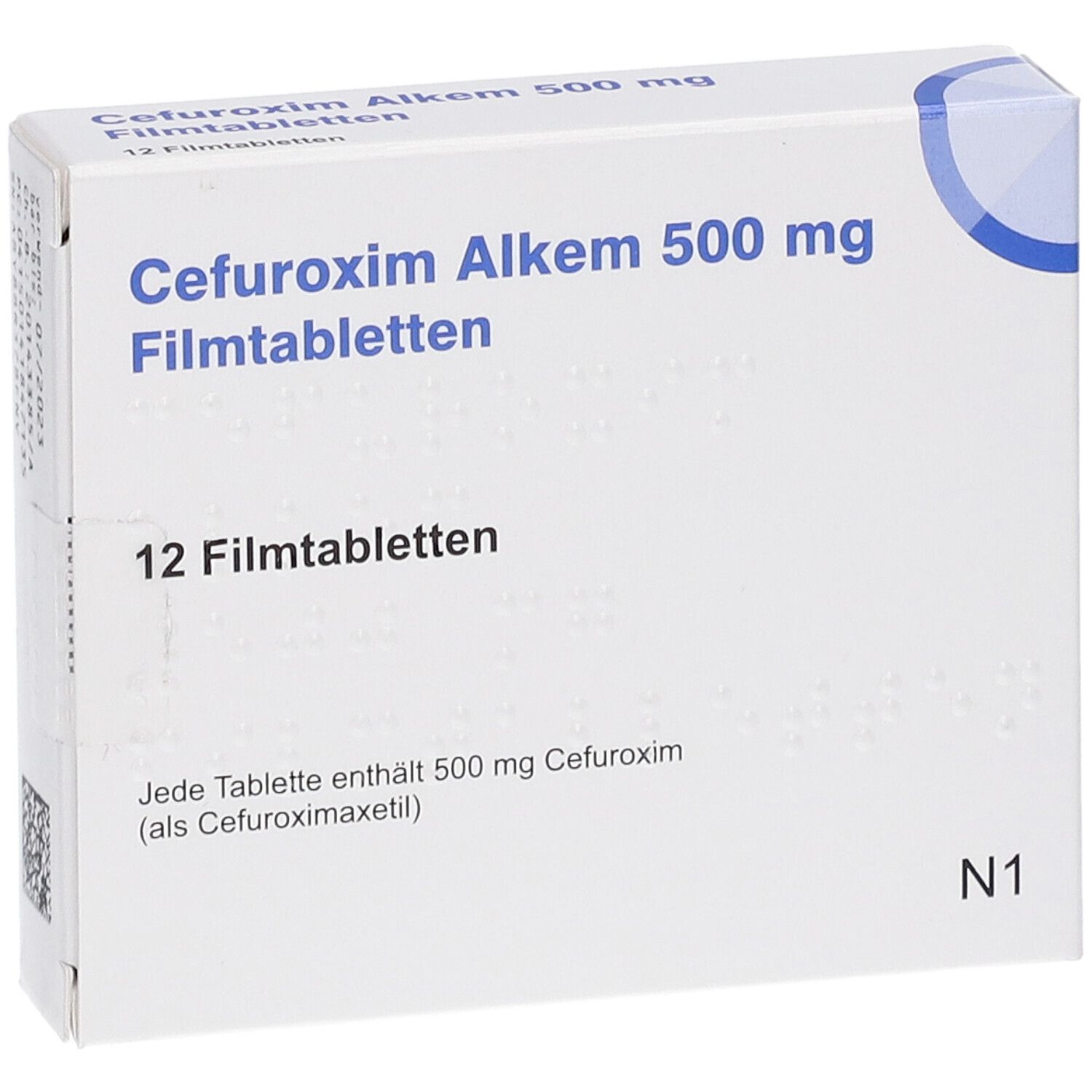 Weiße Schachtel "Cefuroxim Alkem 500 mg Filmtabletten". Enthält 12 Tabletten. Blaue Halbkreis-Design. N1-Kennzeichnung.