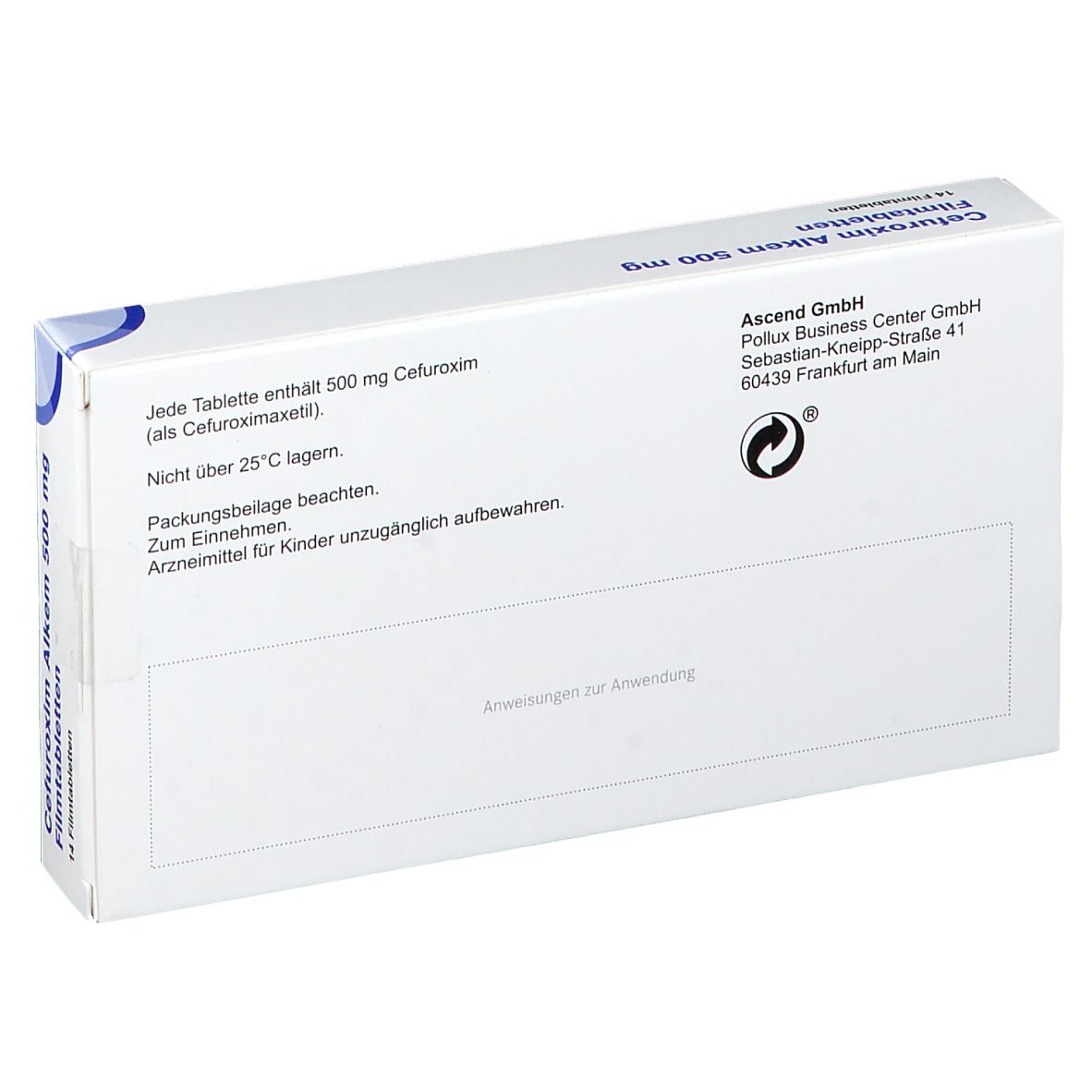 Rückseite der weißen Schachtel: Cefuroxim Alkem 500 mg. Text: Jede Tablette enthält 500 mg Cefuroxim. Nicht über 25°C lagern.