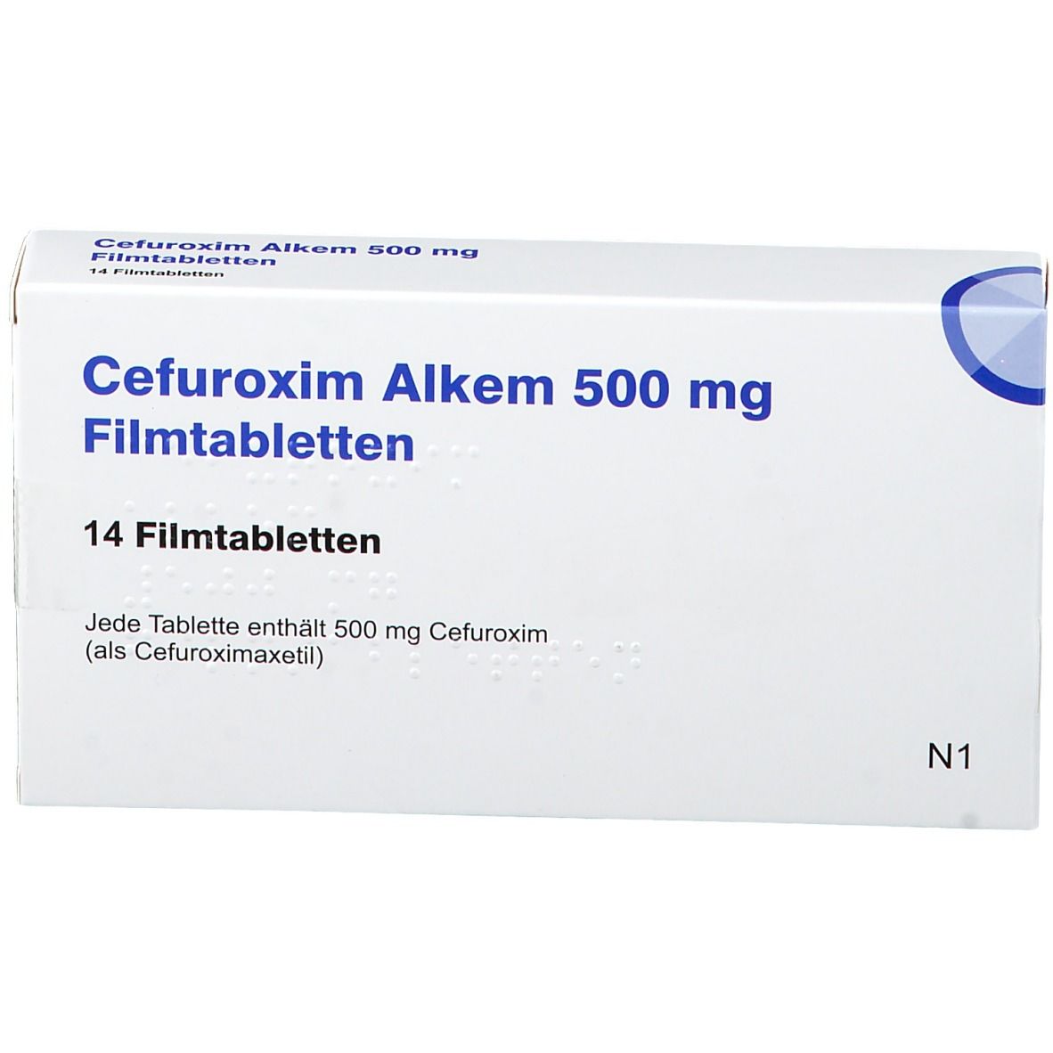 Weiße Schachtel mit blauer Schrift: Cefuroxim Alkem 500 mg Filmtabletten. 14 Tabletten. N1-Kennzeichnung.