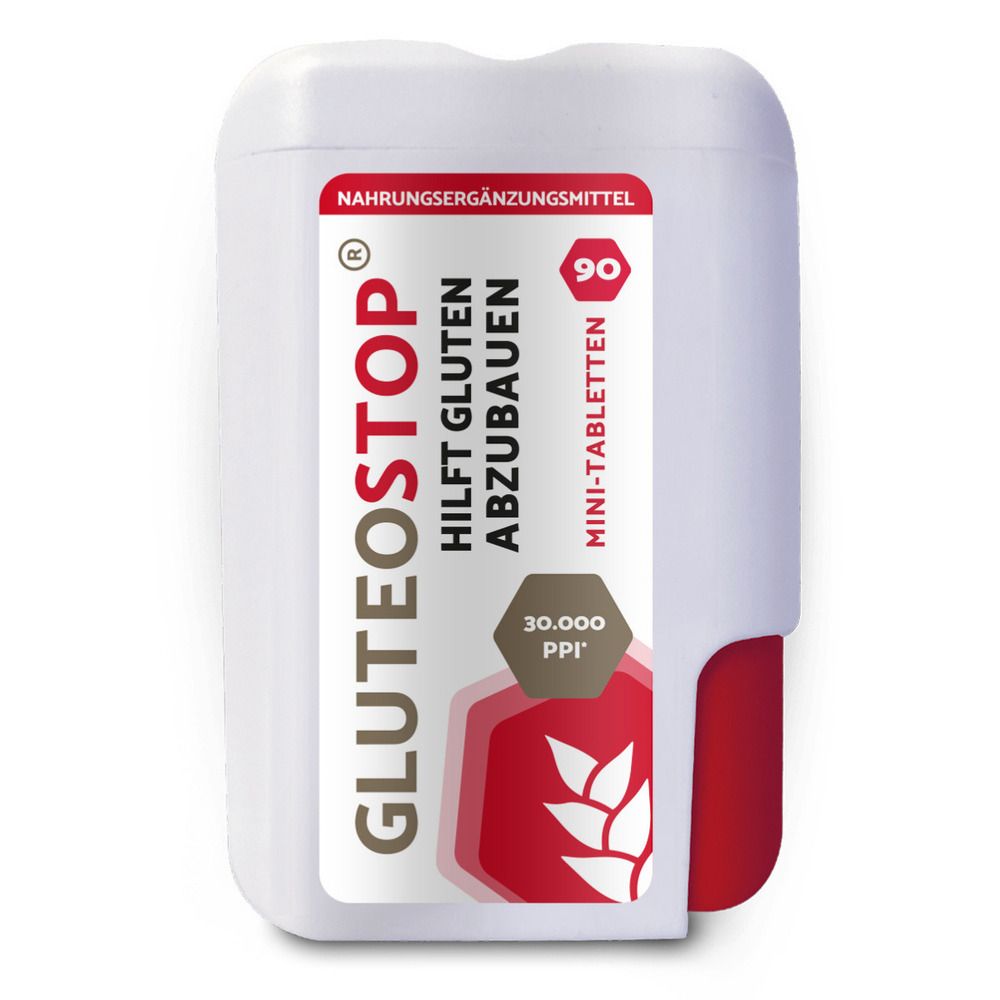 GluteoStop Mini-Tabletten Spender, 90 Stück, hilft Gluten abzubauen.