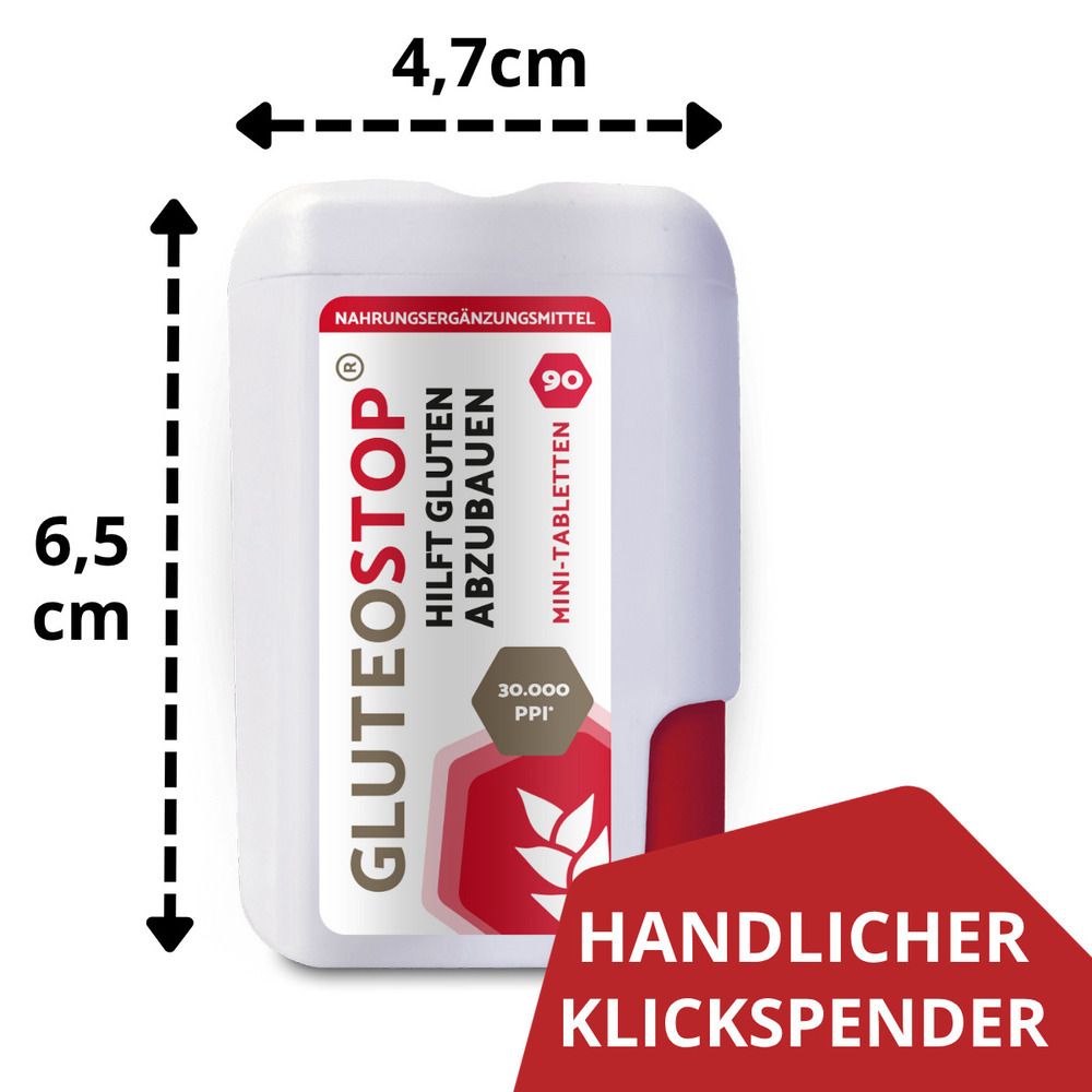 GluteoStop Spender (6,5x4,7 cm) mit 90 Mini-Tabletten, handlicher Klickspender.