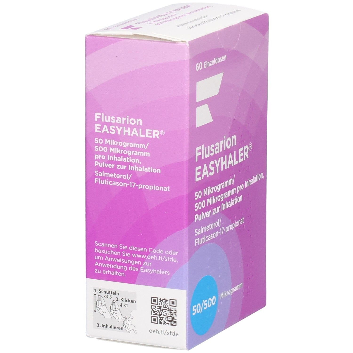 Flusarion Easyhaler-Verpackung. Rosa-weiße Schachtel mit Produktinformationen und QR-Code. 60 Einzeldosen. Anweisungen auf der Seite.