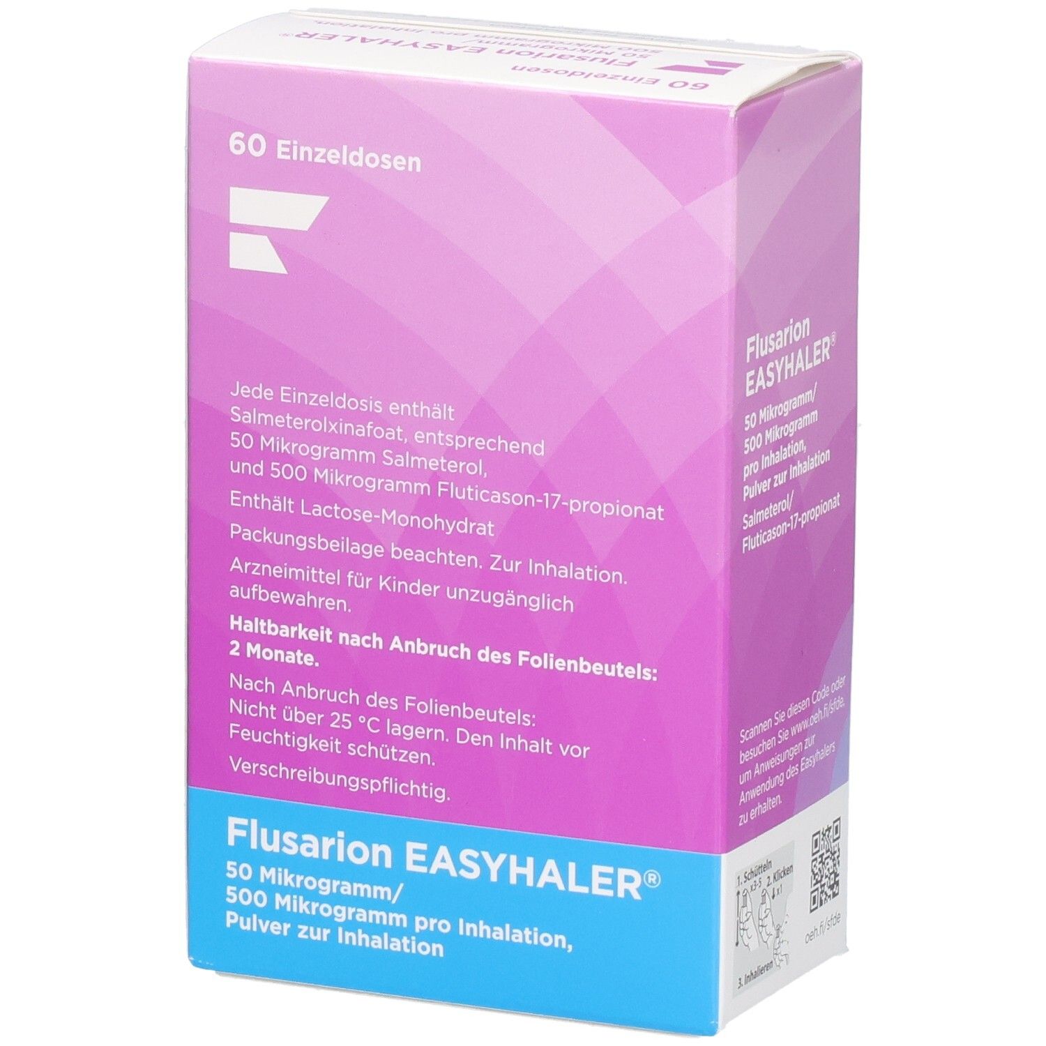 Flusarion Easyhaler-Verpackung. Rosa-weiße Schachtel mit Produktinformationen und Inhaltsangaben. 60 Einzeldosen.