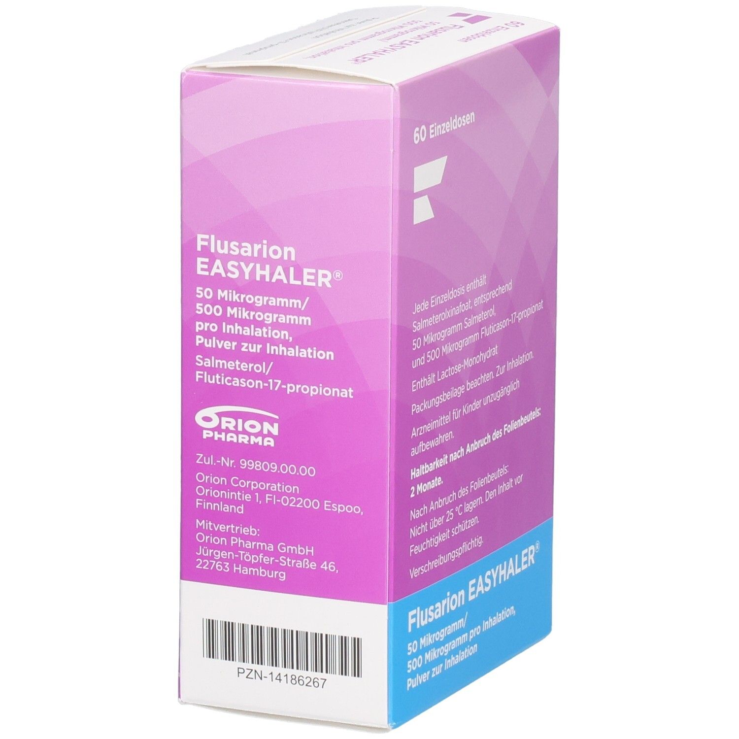 Flusarion Easyhaler-Verpackung. Rosa-weiße Schachtel mit Produktinformationen und Herstellerangaben. 60 Einzeldosen.