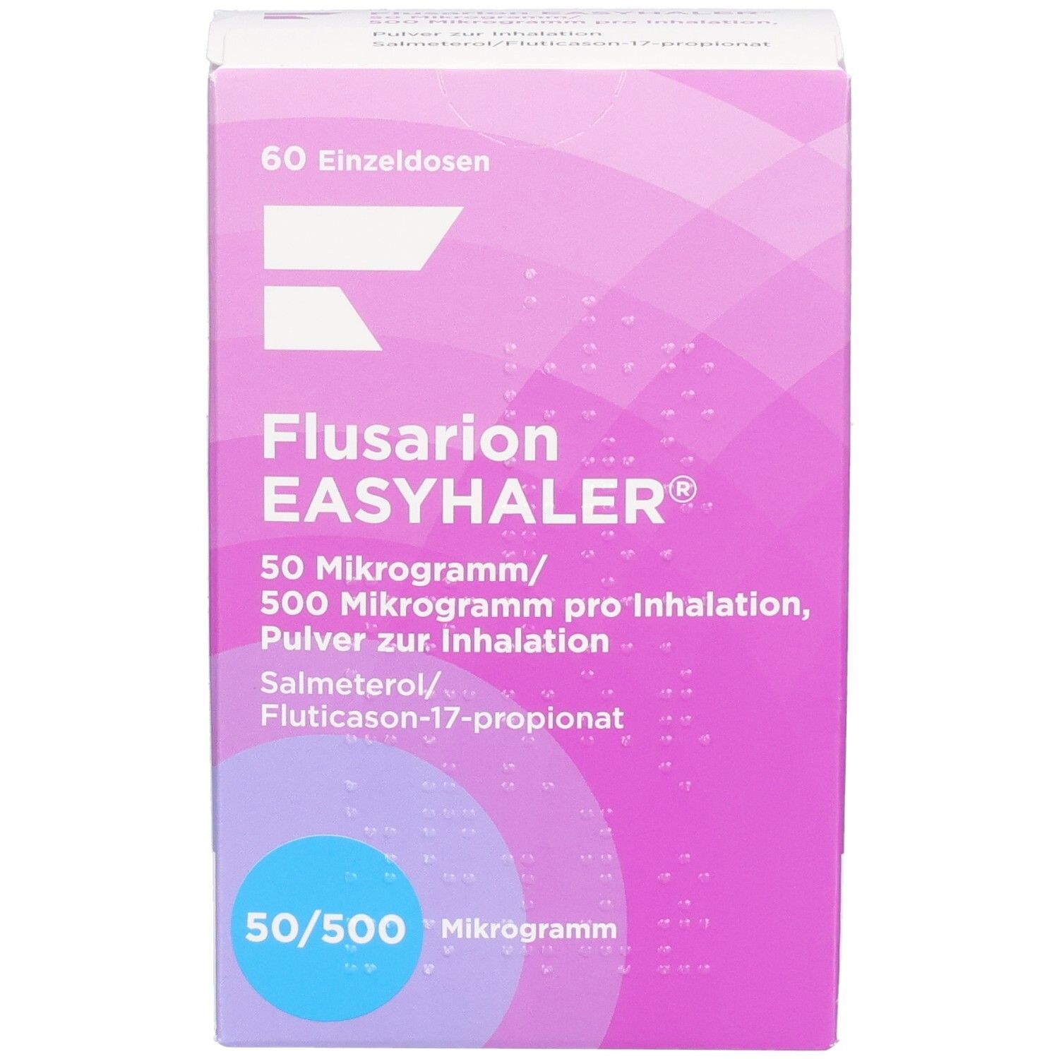 Flusarion Easyhaler-Verpackung. Rosa-weiße Schachtel mit Produktnamen, Dosierung und Inhaltsstoffen. 60 Einzeldosen.