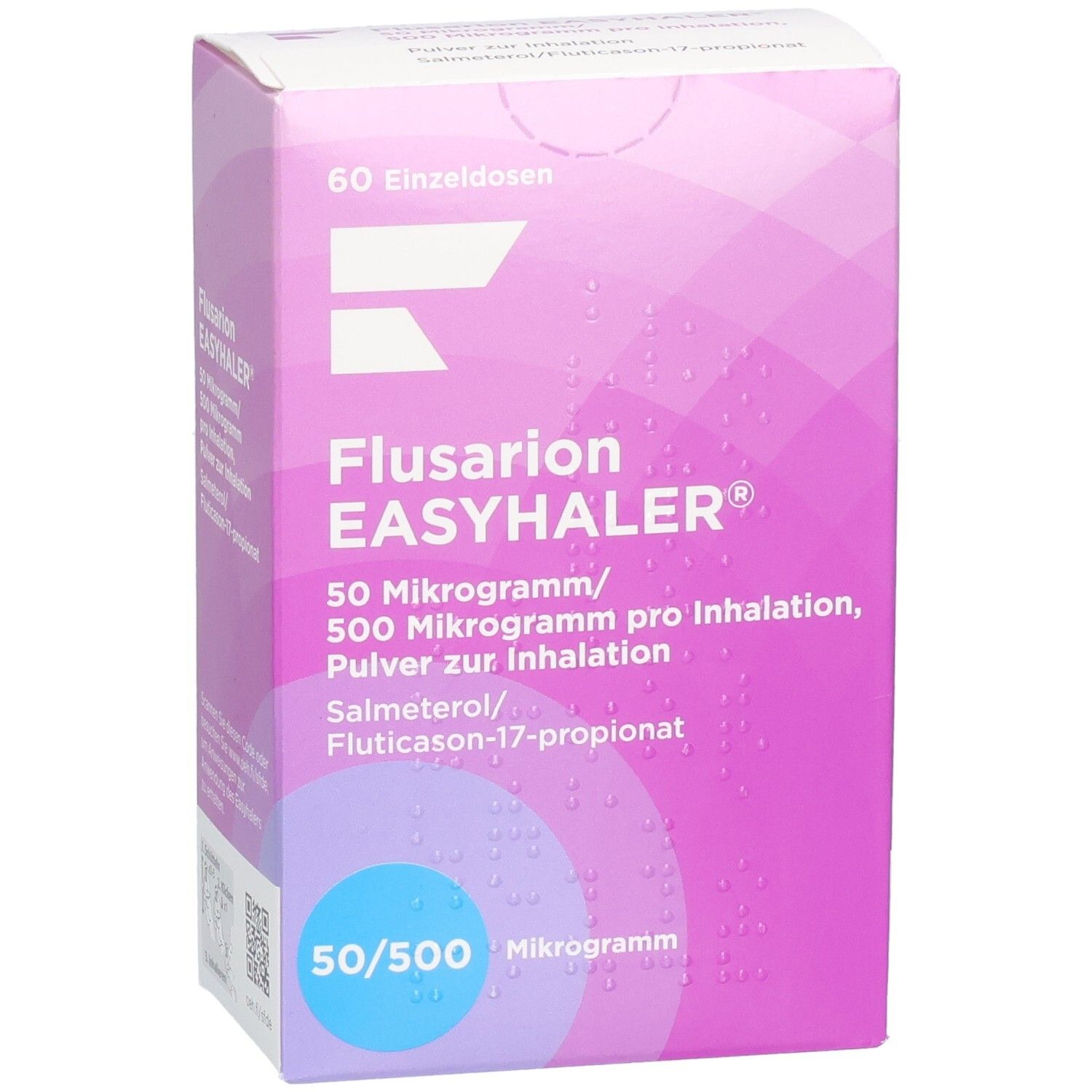 Flusarion Easyhaler-Verpackung. Rosa-weiße Schachtel mit Produktnamen, Dosierung und Inhaltsstoffen. 60 Einzeldosen.