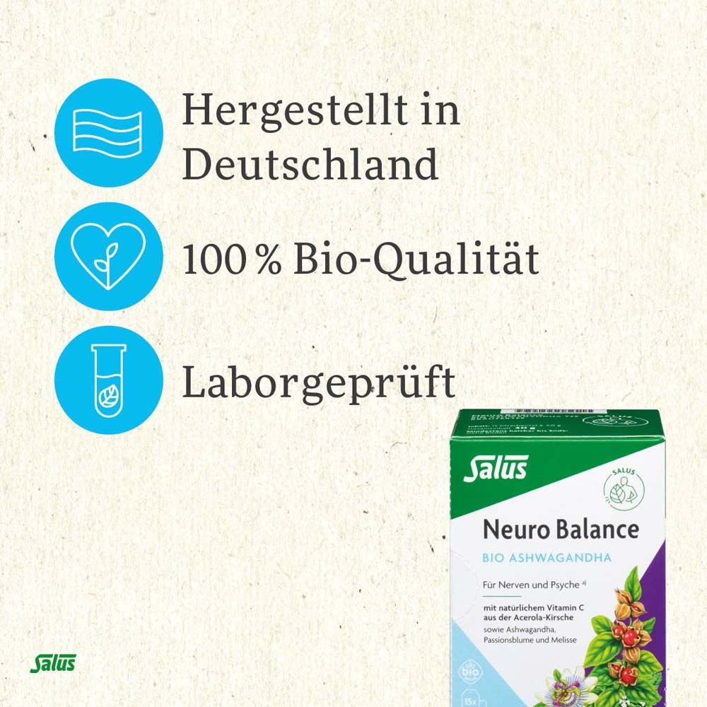 Produktverpackung. Text: Hergestellt in Deutschland, 100% Bio-Qualität, Laborgeprüft. Salus Neuro Balance.