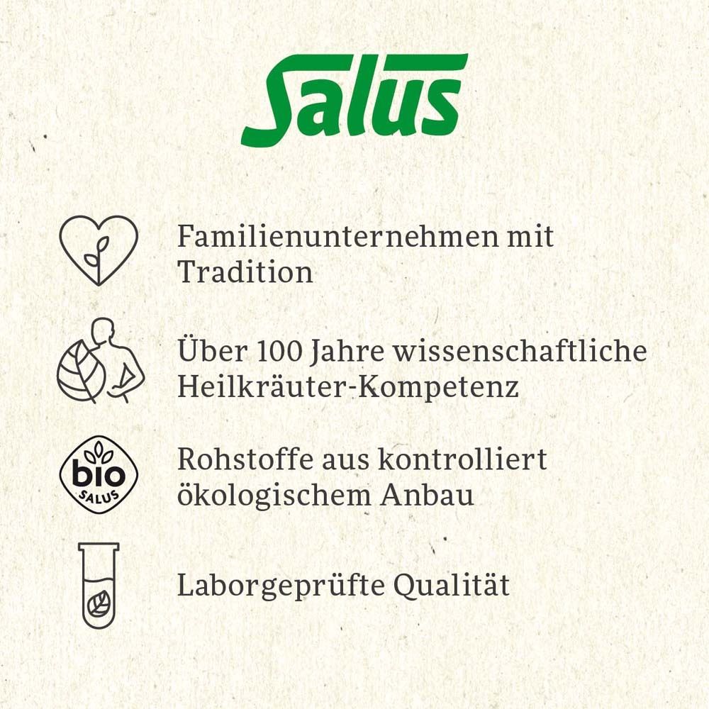 Text: Familienunternehmen mit Tradition, über 100 Jahre wissenschaftliche Heilkräuter-Kompetenz. Salus Logo.