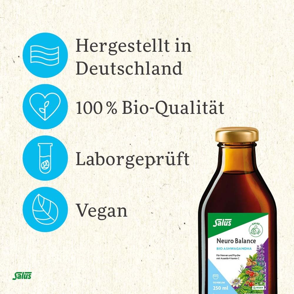 Flasche Salus Neuro Balance. Text: Hergestellt in Deutschland, 100% Bio-Qualität, Laborgeprüft, Vegan. Salus Logo.