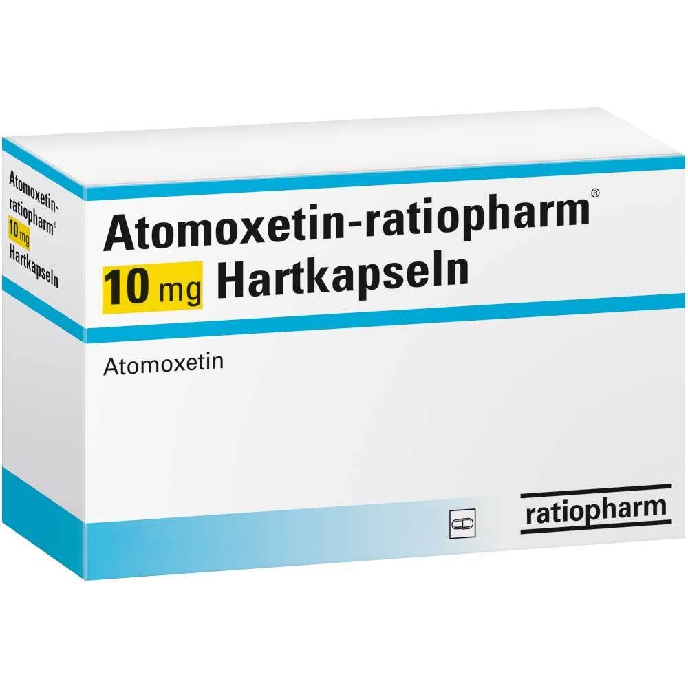Weiße rechteckige Schachtel mit blauen Streifen. Aufschrift: Atomoxetin-ratiopharm 10 mg Hartkapseln. Marke ratiopharm.