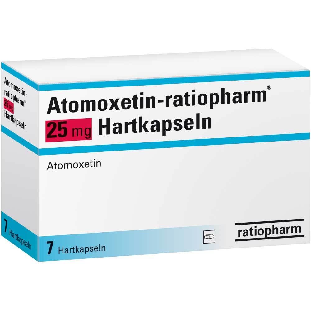 Schachtel mit Atomoxetin-ratiopharm® 25 mg Hartkapseln. Aufschrift: 7 Hartkapseln. Marke ratiopharm.