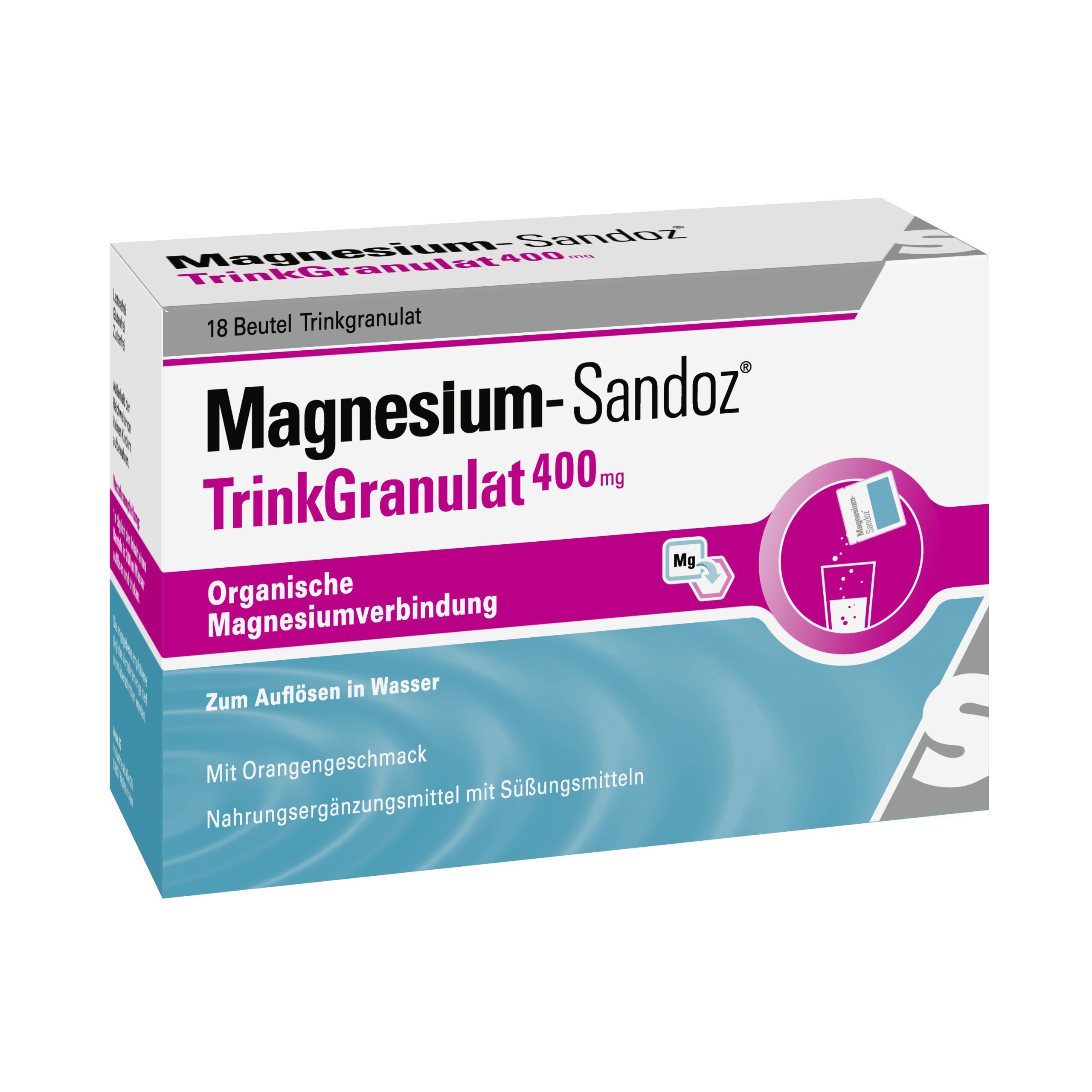 Schachtel Magnesium-Sandoz TrinkGranulat 400 mg. 18 Beutel. Organische Magnesiumverbindung. Mit Orangengeschmack.