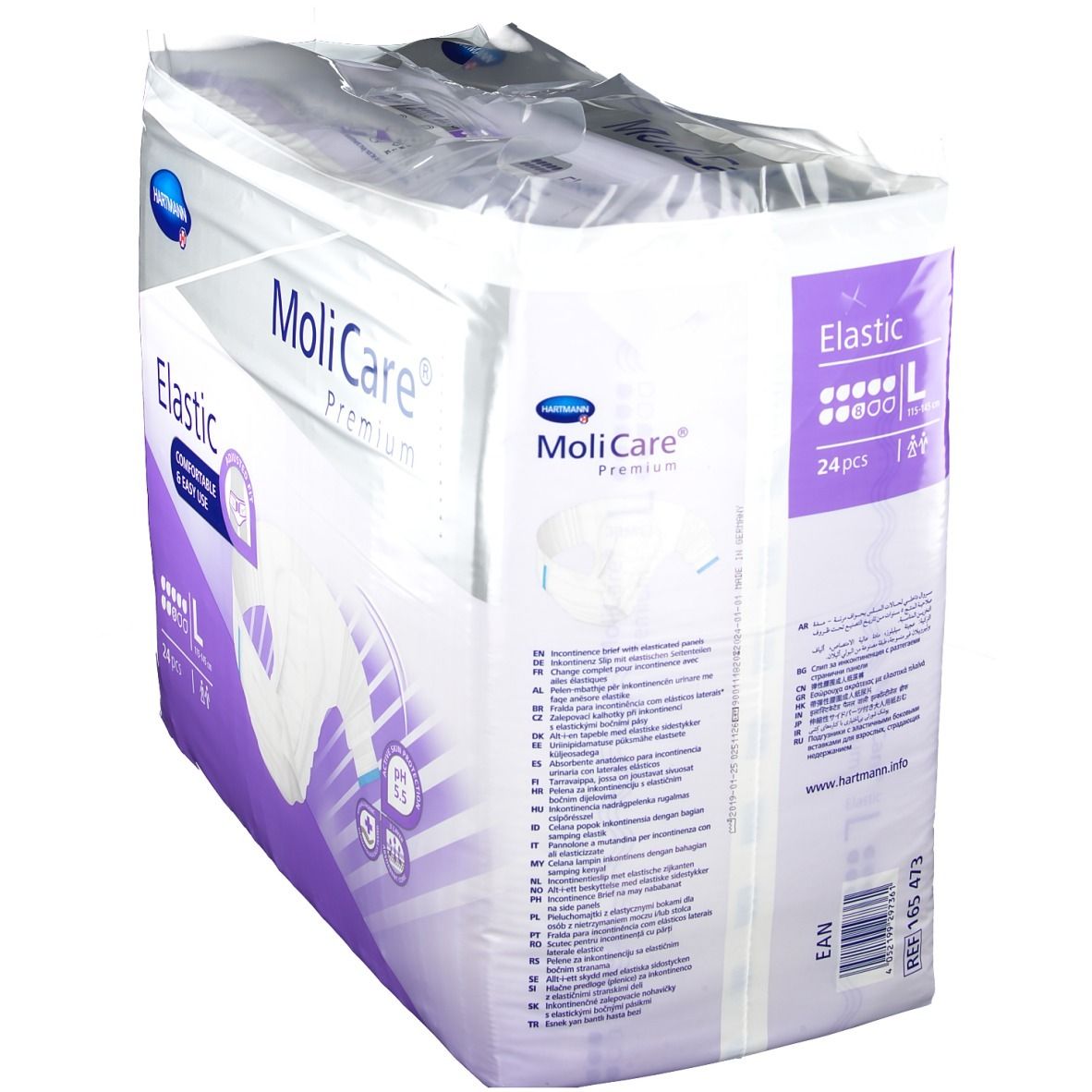 MoliCare Premium Elastic Slip Gr. L in Verpackung. Produktname und Größe L sichtbar. 24 Stück. Rückseite der Verpackung.