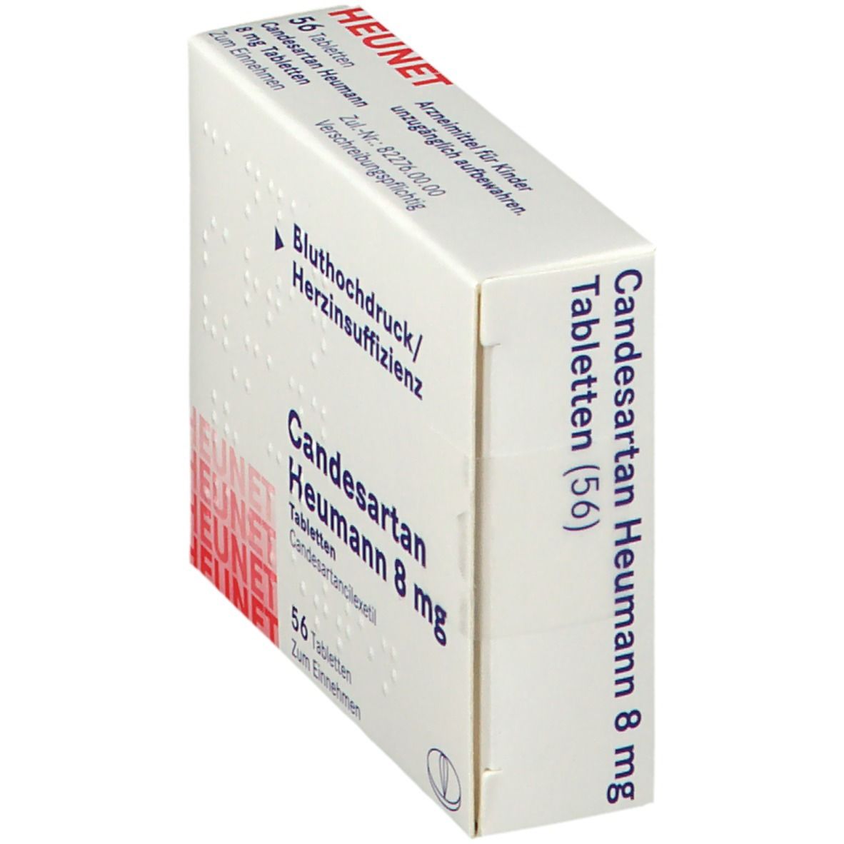 Seitenansicht der Packung Candesartan Heumann 8 mg Tabletten, 56 Stück.