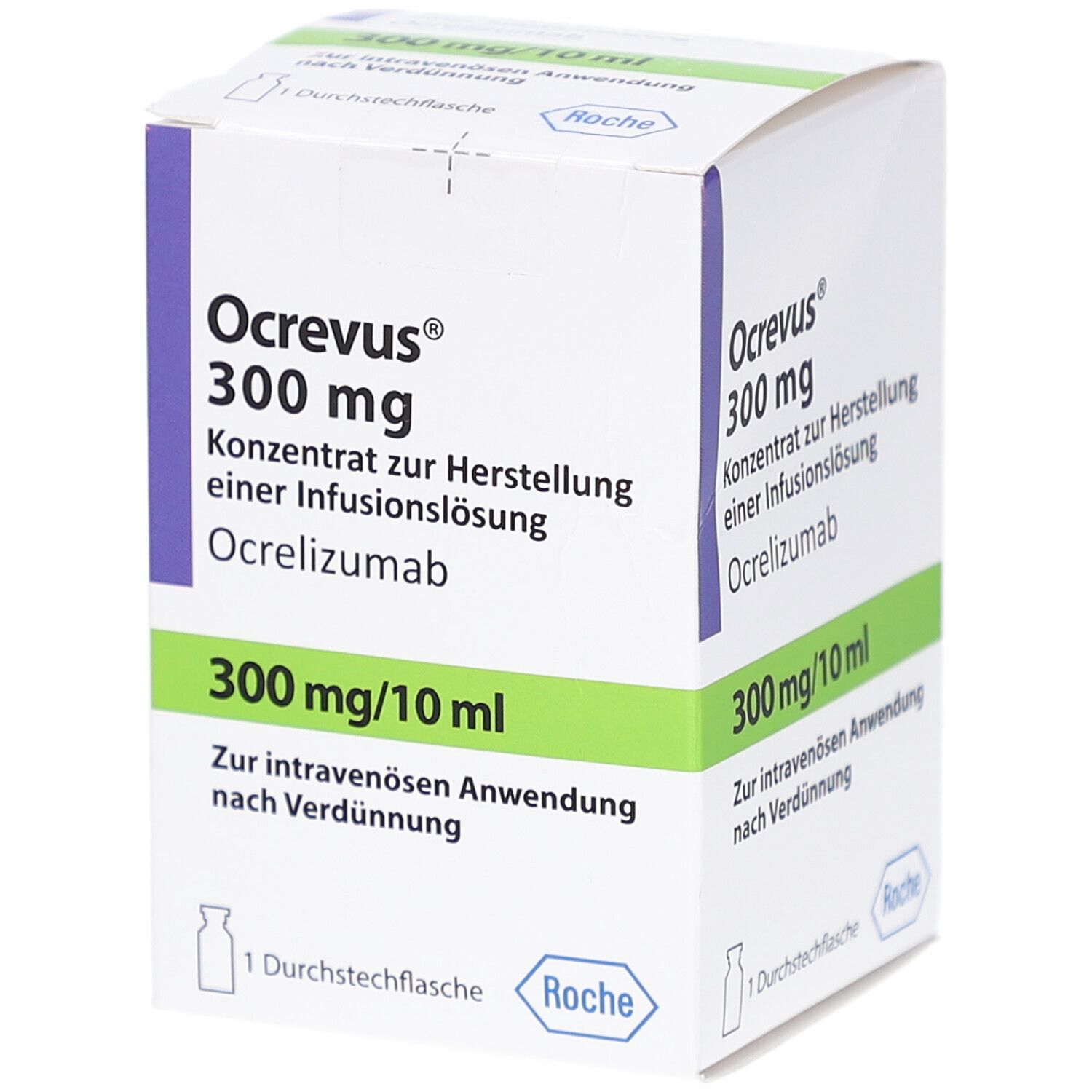 Ocrevus 300 mg Konzentrat. Box mit Produktinformationen. Roche Logo. 1 Durchstechflasche.