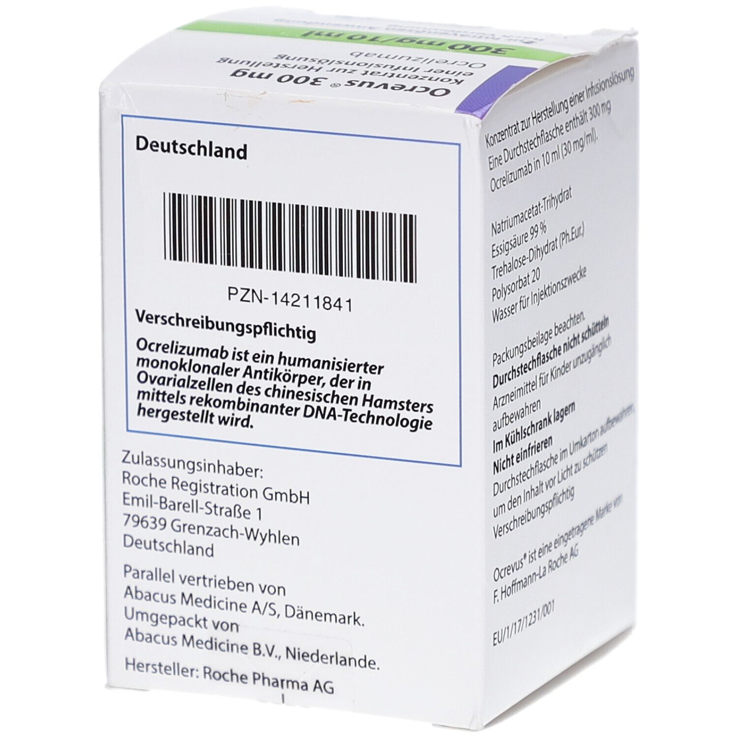 Ocrevus 300 mg Box. Barcode, Herstellerinformationen, Anschrift. Hergestellt in Deutschland.