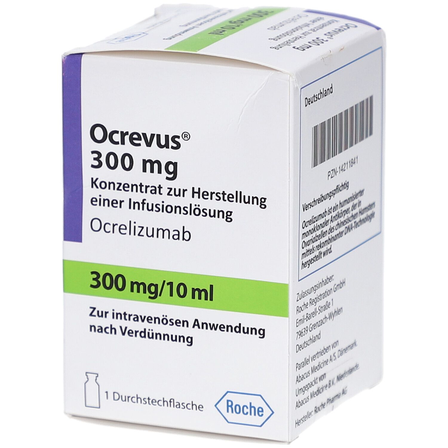 Ocrevus 300 mg Box. Produktinformationen, Roche Logo. 1 Durchstechflasche. Zur intravenösen Anwendung.