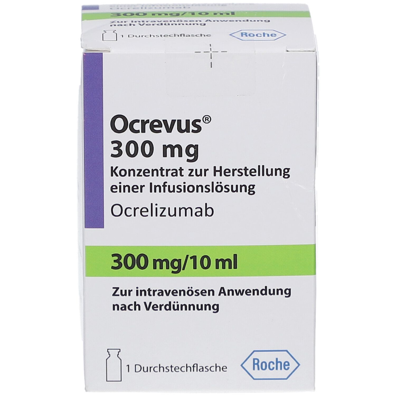 Ocrevus 300 mg Box. Produktinformationen. 1 Durchstechflasche. Roche Logo. Zur intravenösen Anwendung.
