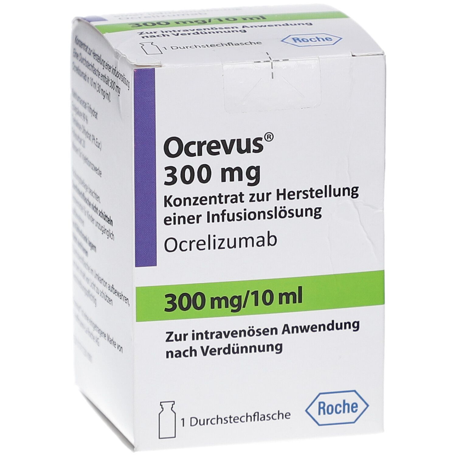 Ocrevus 300 mg Box. Produktinformationen. 1 Durchstechflasche. Roche Logo. Zur intravenösen Anwendung.