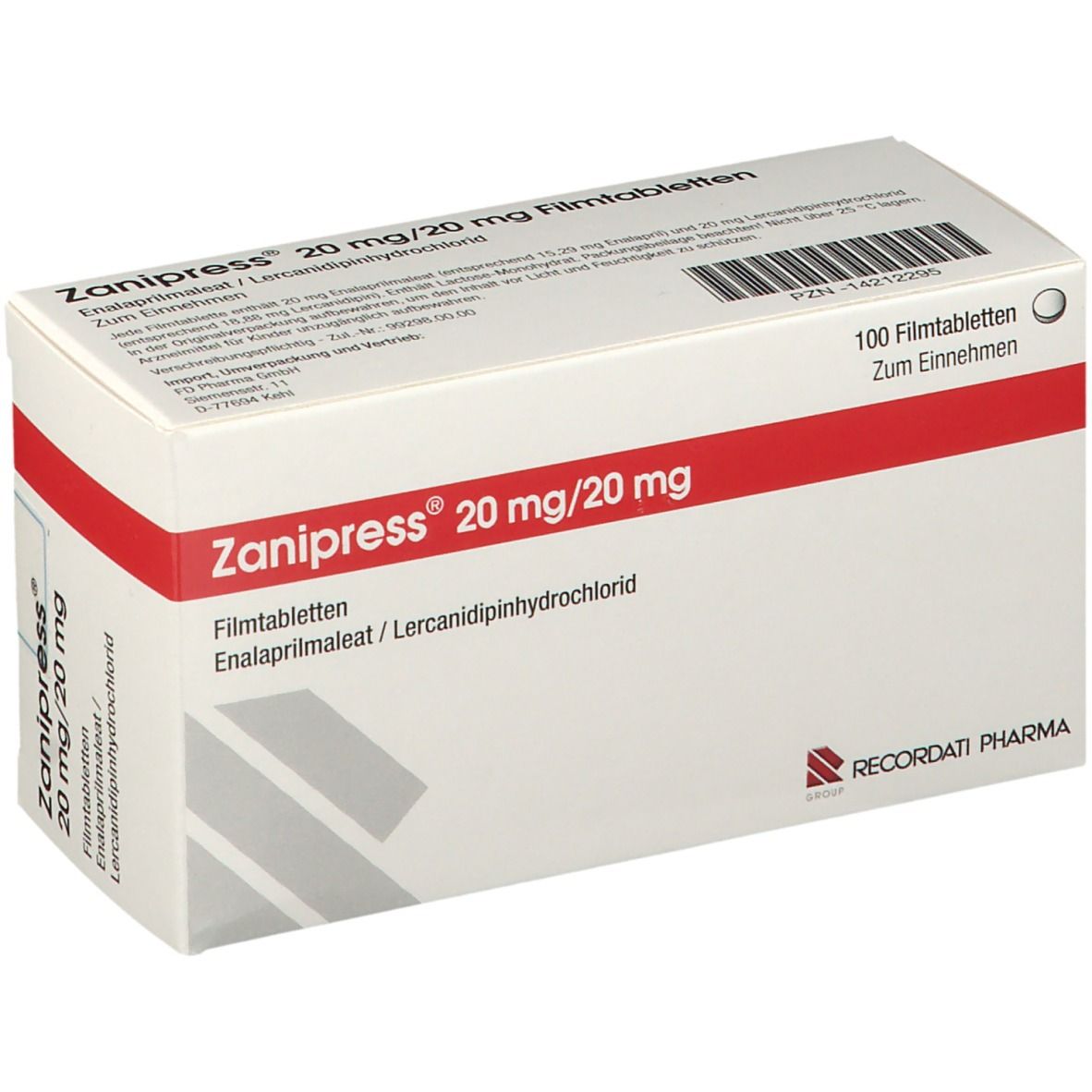 Schachtel mit Zanipress 20 mg/20 mg Filmtabletten. Rote und weiße Verpackung. RECORDATI PHARMA Logo.