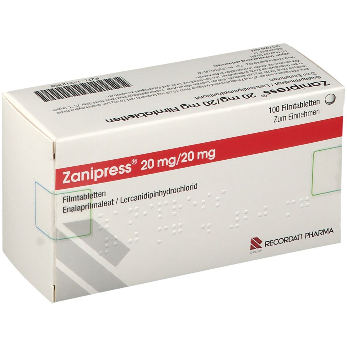 Schachtel mit Zanipress 20 mg/20 mg Filmtabletten. Weiße Verpackung mit rotem Streifen. RECORDATI PHARMA Logo.