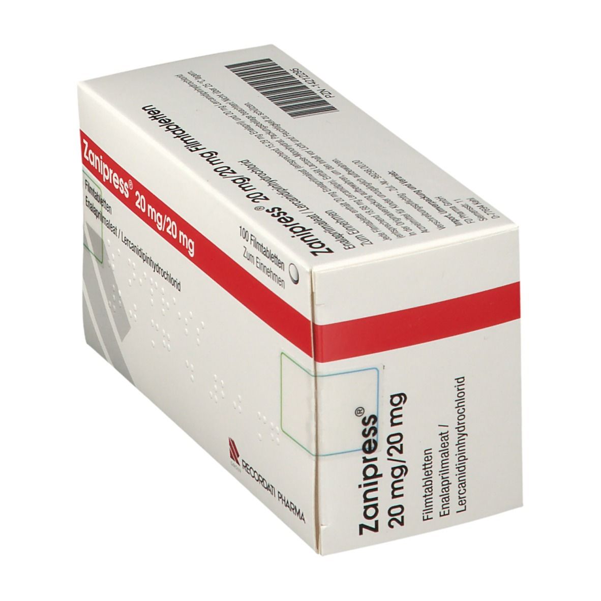 Schachtel Zanipress 20 mg/20 mg Filmtabletten. Weiße Verpackung mit rotem Streifen. RECORDATI PHARMA Logo.