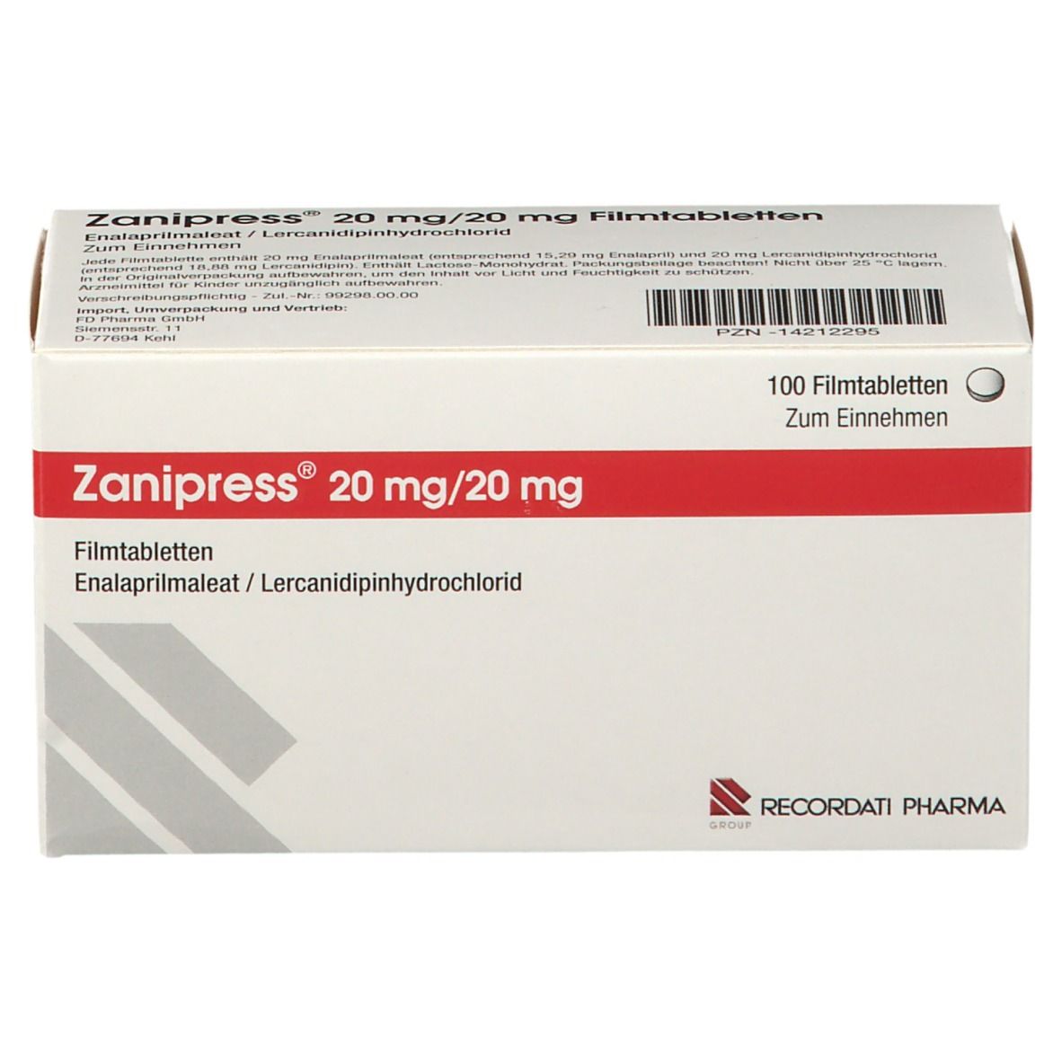 Schachtel Zanipress 20 mg/20 mg Filmtabletten. Weiße Verpackung mit rotem Streifen. RECORDATI PHARMA Logo.