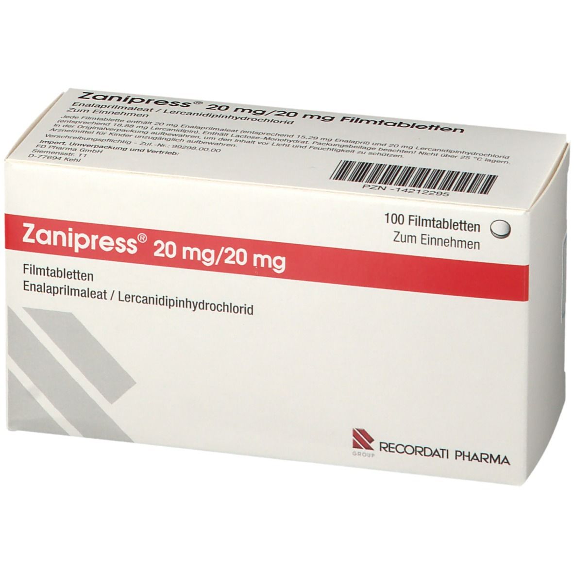 Schachtel Zanipress 20 mg/20 mg Filmtabletten. Weiße Verpackung mit rotem Streifen. RECORDATI PHARMA Logo.