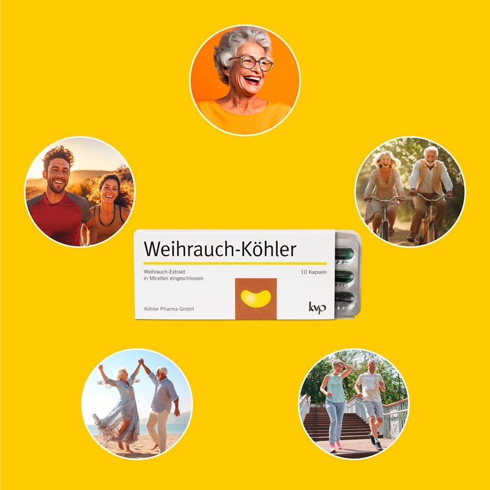 Menschen in Bewegung. Weihrauch-Köhler Kapseln Packung. Icons: vegan, aktiv, gesund, glücklich. 10 Kapseln.