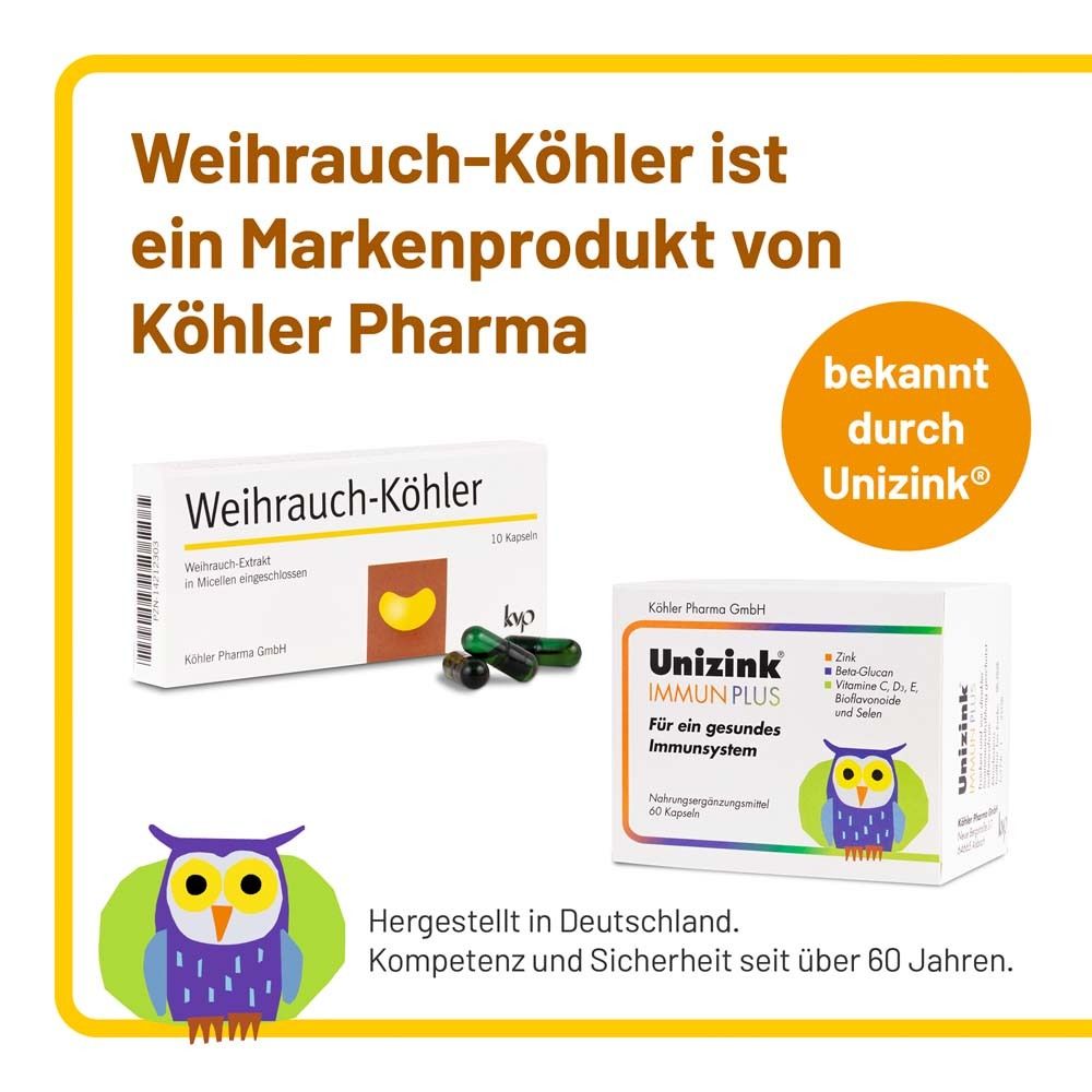 Weihrauch-Köhler und Unizink Immun Plus Packungen. Text: Markenprodukt von Köhler Pharma. Hergestellt in Deutschland.