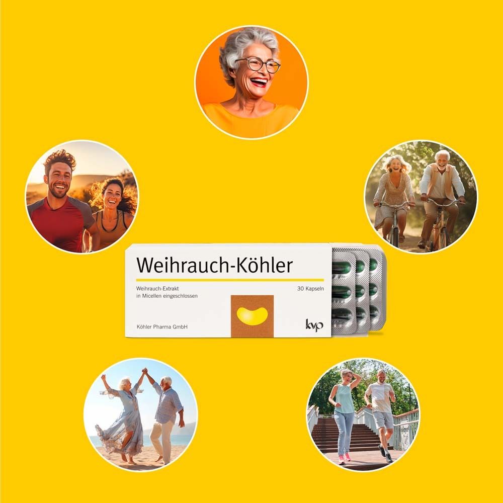 Menschen in Bewegung. Produktpackung: Weiherauch-Köhler. Gelber Hintergrund.