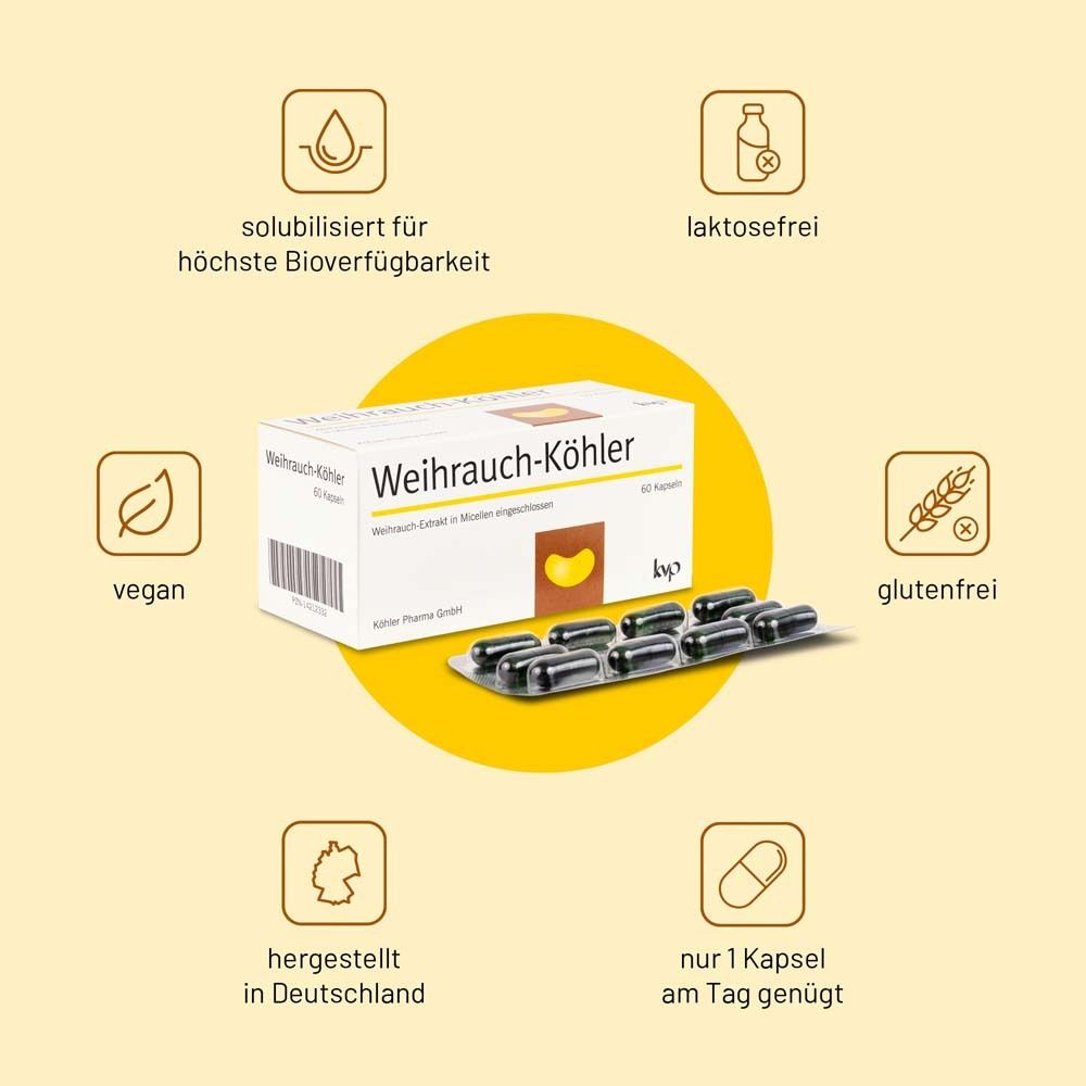 Weihrauch-Köhler Kapseln und Symbole. Vegan, glutenfrei, laktosefrei, hergestellt in Deutschland, 1 Kapsel täglich.