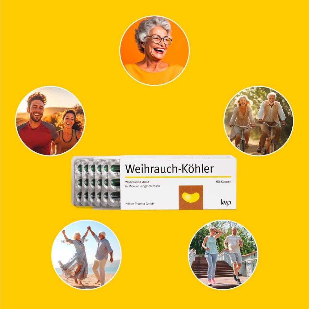 Menschen in Bewegung. Weihrauch-Köhler Kapseln-Packung. Umgebende Symbole: vegan, 1 Kapsel, glutenfrei, etc.