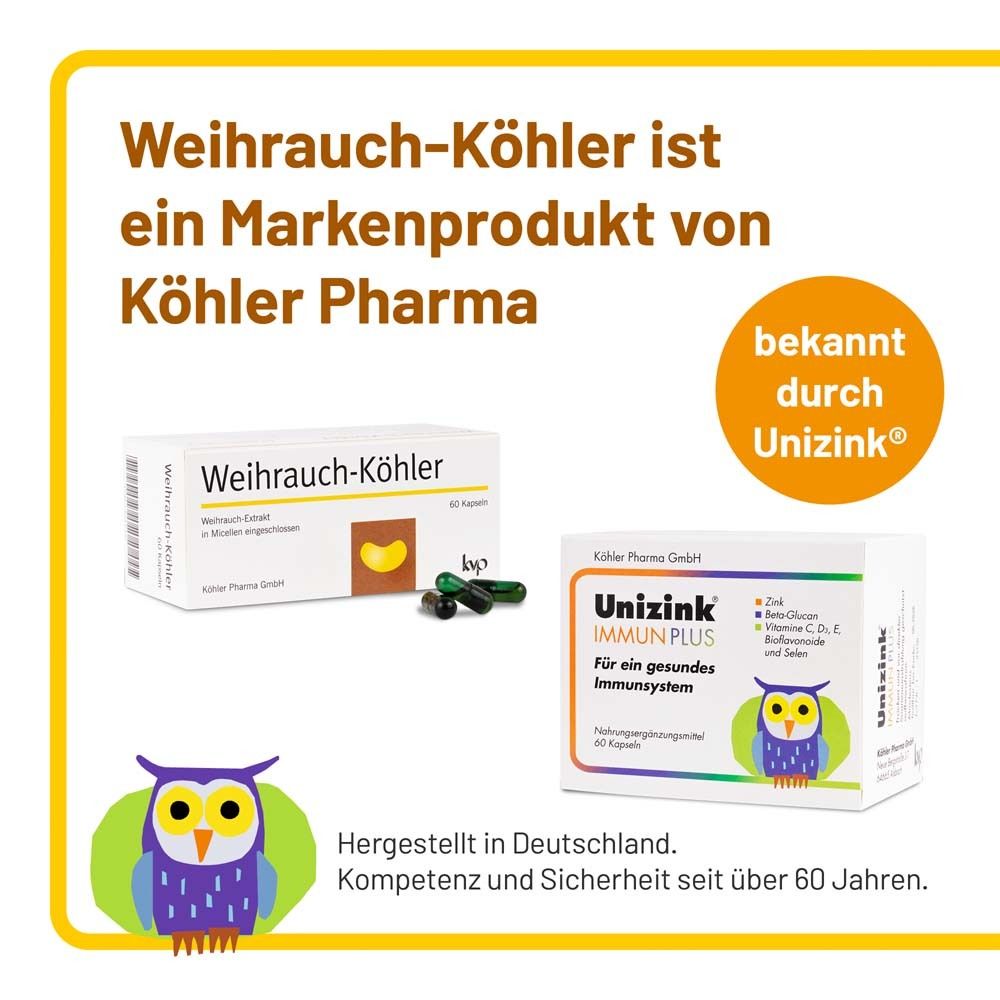 Weihrauch-Köhler Kapseln und Unizink Immun Plus. Beide Produkte von Köhler Pharma. Hergestellt in Deutschland.