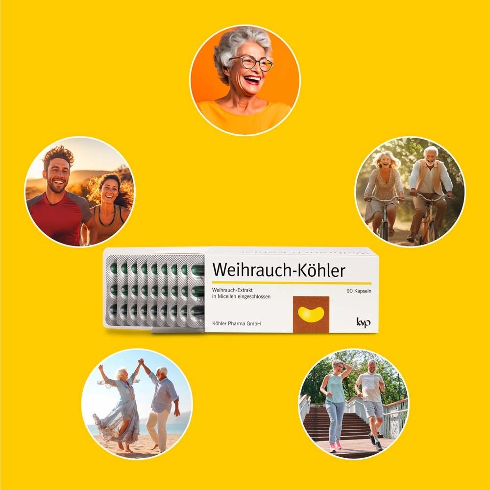 Menschen in Bewegung. Weiherauch-Köhler Kapseln und Verpackung. 30 Kapseln. Gelber Hintergrund.