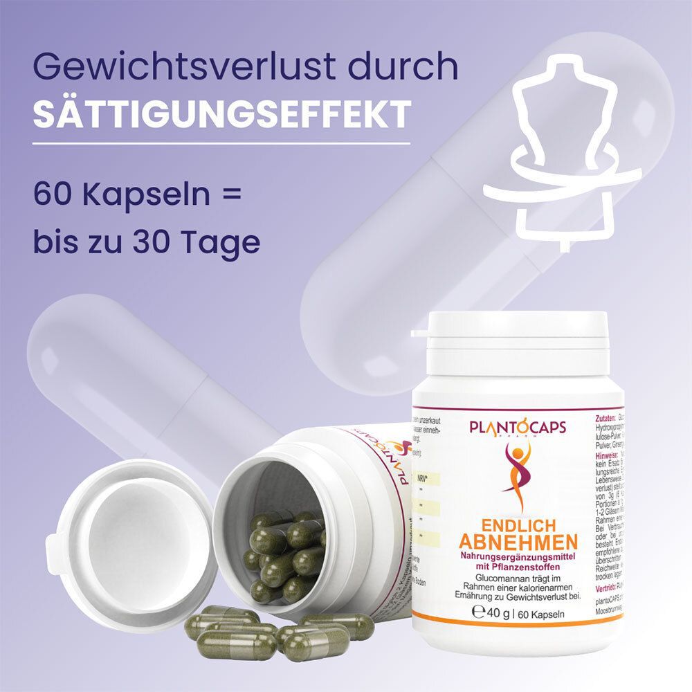 PlantoCaps Endlich Abnehmen: 60 Kapseln für bis zu 30 Tage, Gewichtsverlust durch Sättigung.