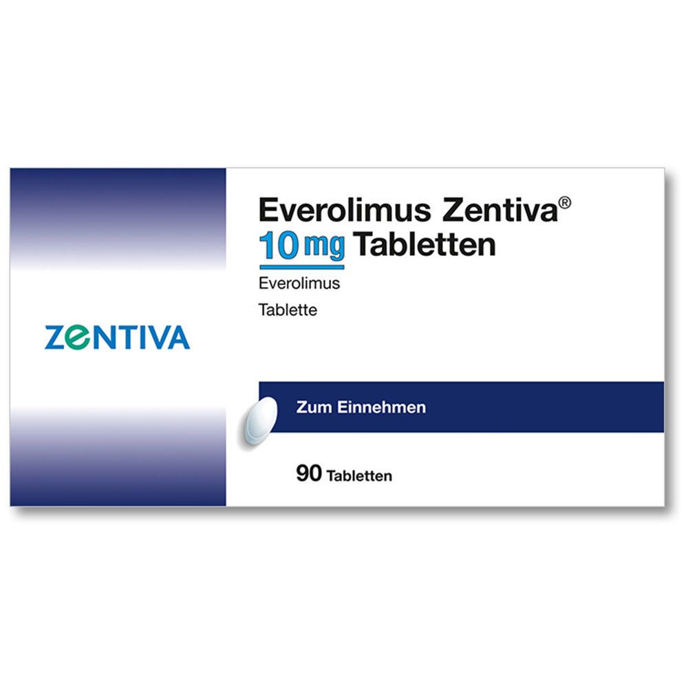 Schachtel Everolimus Zentiva® 10 mg Tabletten. 90 Tabletten. Marke Zentiva. Weiße und blaue Verpackung.