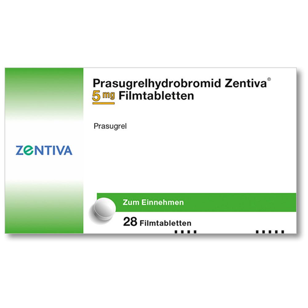 Prasugrelhydrobromid Zentiva 5 mg Filmtabletten-Packung. Enthält 28 Tabletten. Grün-weiße Verpackung mit Produktnamen und Logo.