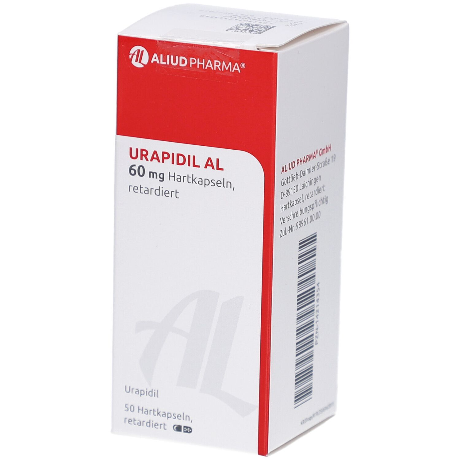 Weiße Schachtel mit rotem Deckel. Aufschrift: URAPIDIL AL 60 mg Hartkapseln retardiert. Logo: ALIUD PHARMA. Anschrift des Herstellers.