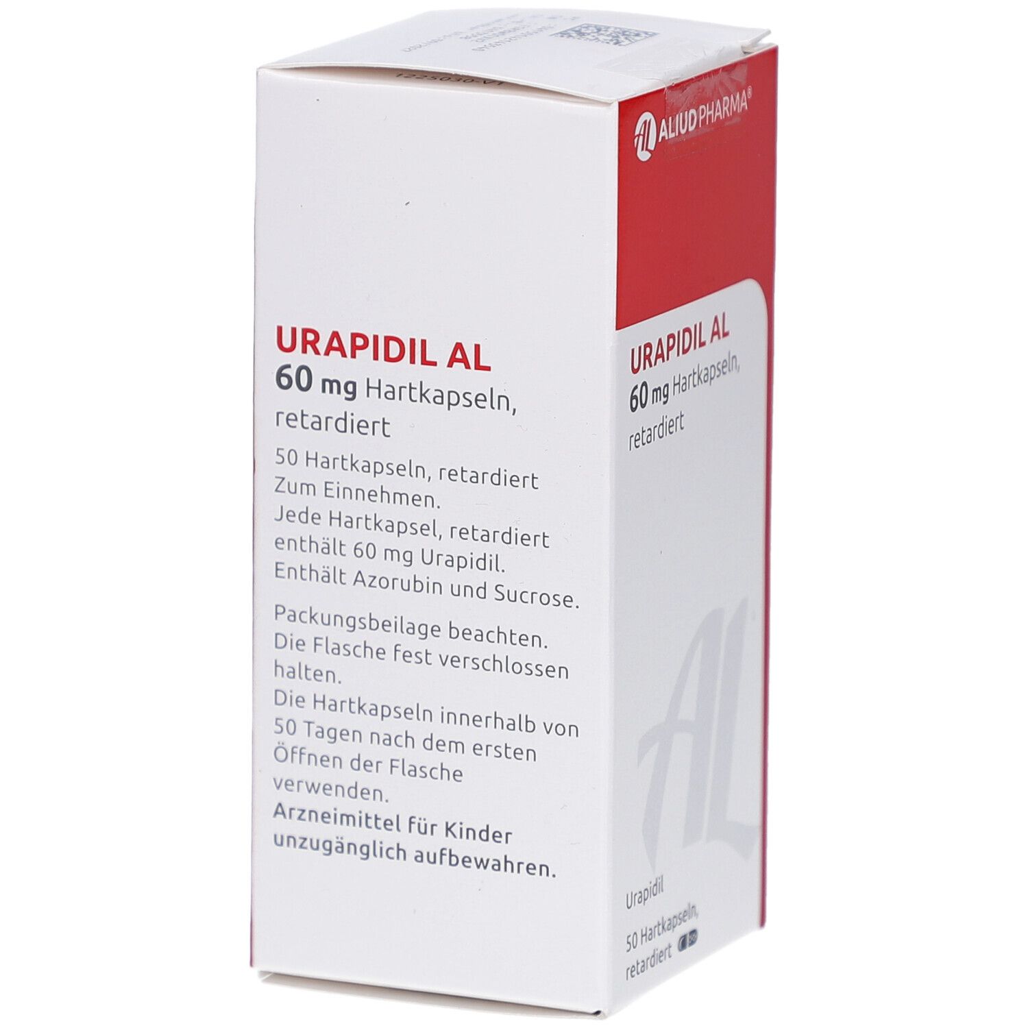 Schachtel mit rotem Deckel. Aufschrift: URAPIDIL AL 60 mg Hartkapseln retardiert. Logo: ALIUD PHARMA. 50 Hartkapseln, retardiert.