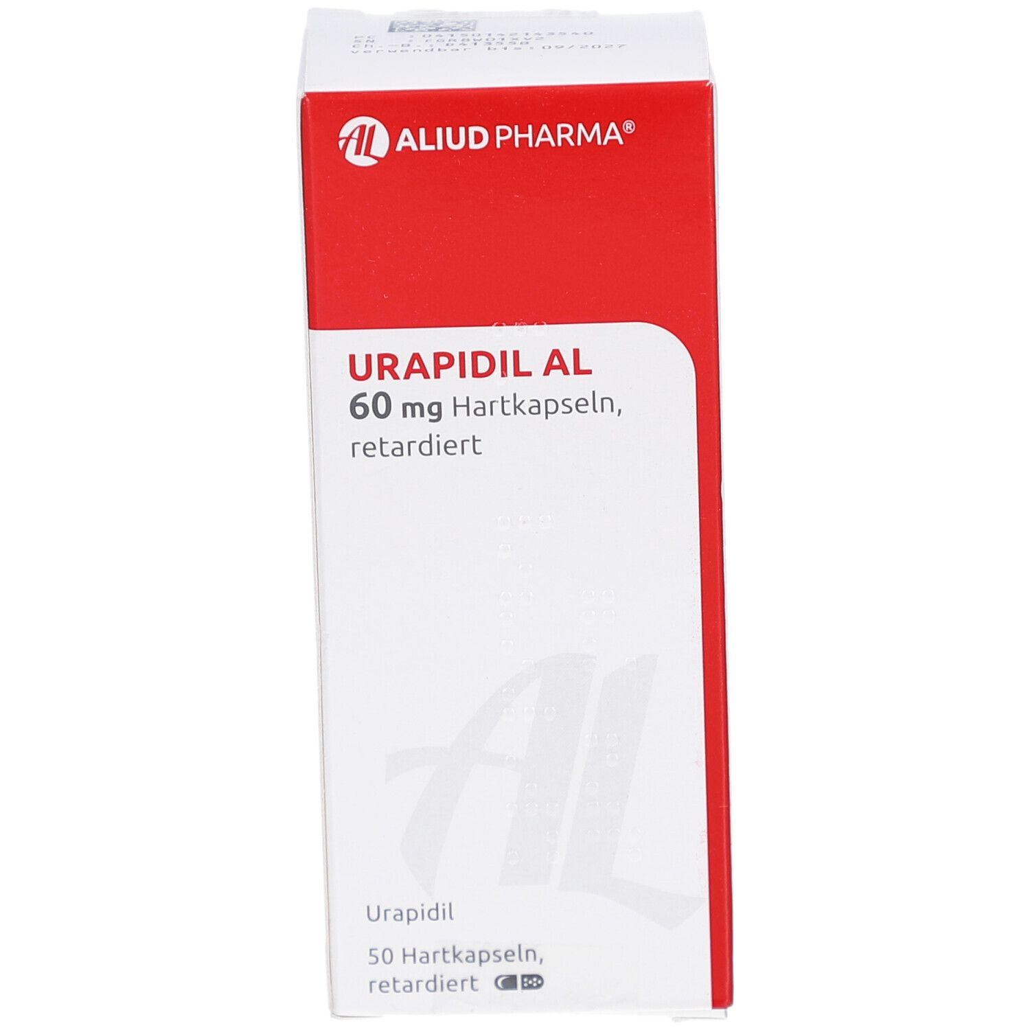 Schachtel mit rotem Deckel. Aufschrift: URAPIDIL AL 60 mg Hartkapseln retardiert. Logo: ALIUD PHARMA. 50 Hartkapseln.