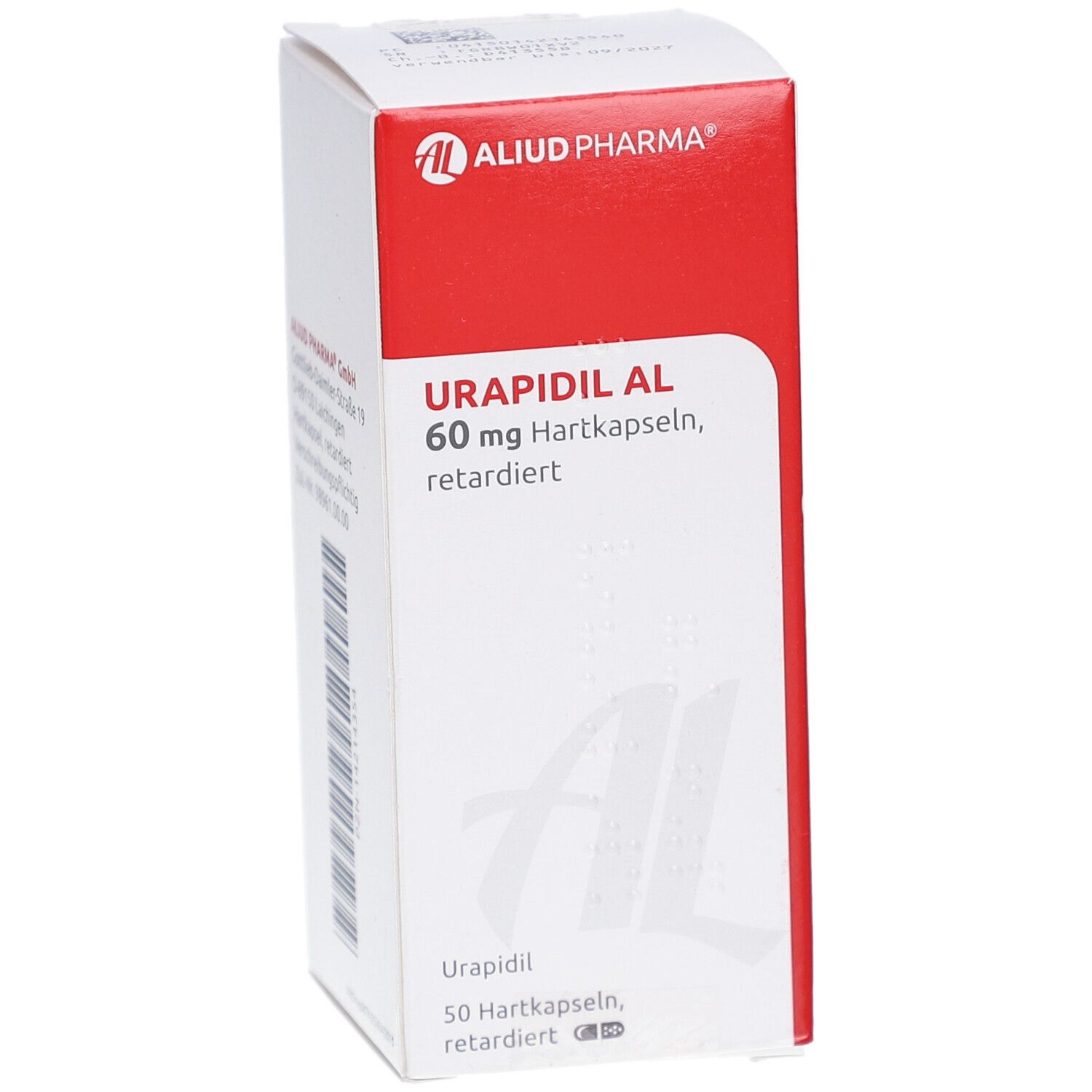 Schachtel mit rotem Deckel. Aufschrift: URAPIDIL AL 60 mg Hartkapseln retardiert. Logo: ALIUD PHARMA. 50 Hartkapseln.