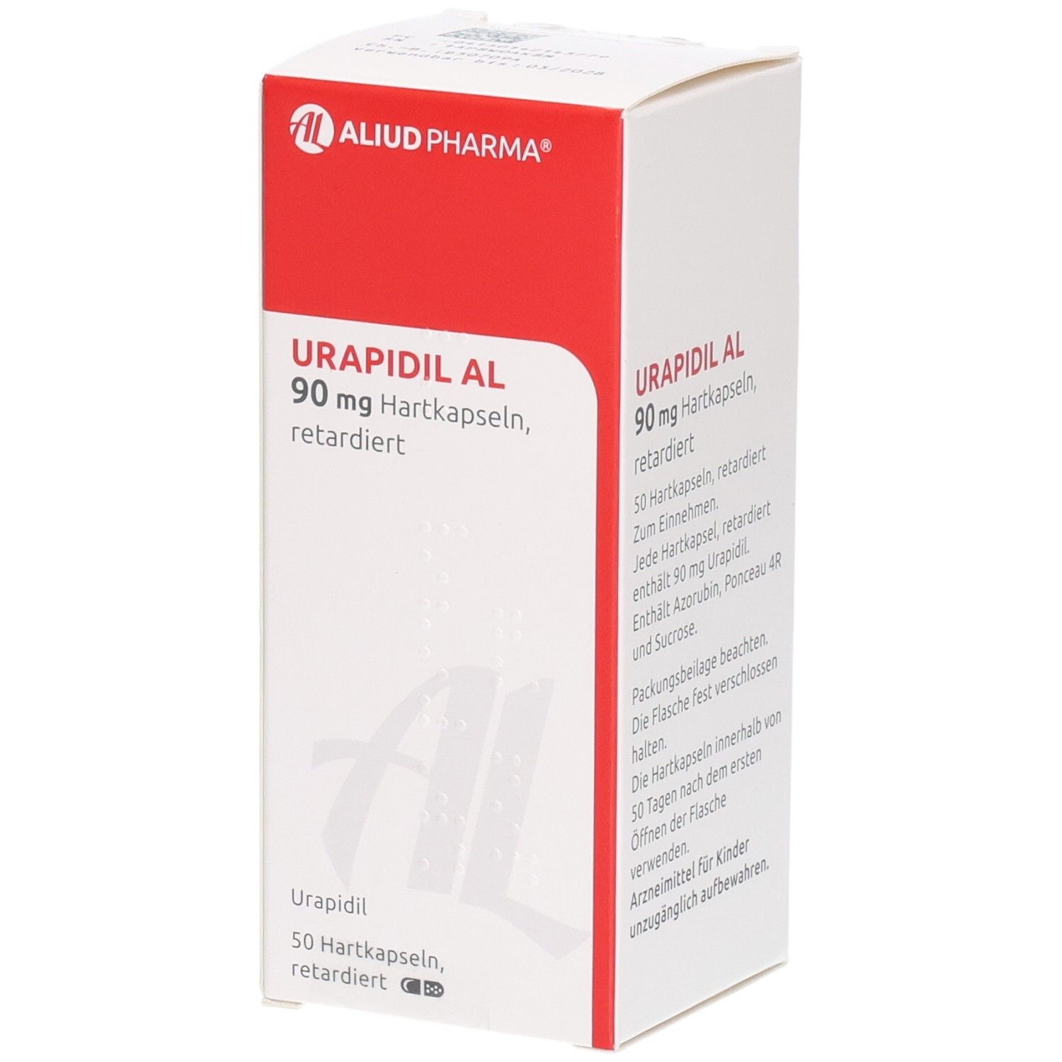 Weiß-rote Schachtel mit Urapidil AL 90 mg Hartkapseln retardiert. Logo von ALIUD PHARMA. Text auf Deutsch.