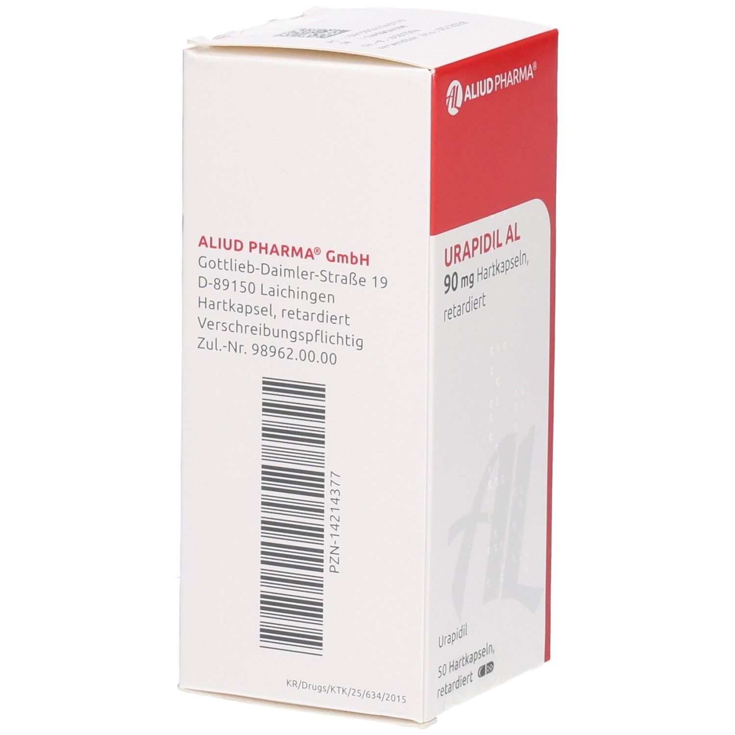 Weiße und rote Schachtel mit Urapidil AL 90 mg Hartkapseln retardiert. Logo ALIUD PHARMA. Barcode und Adresse.