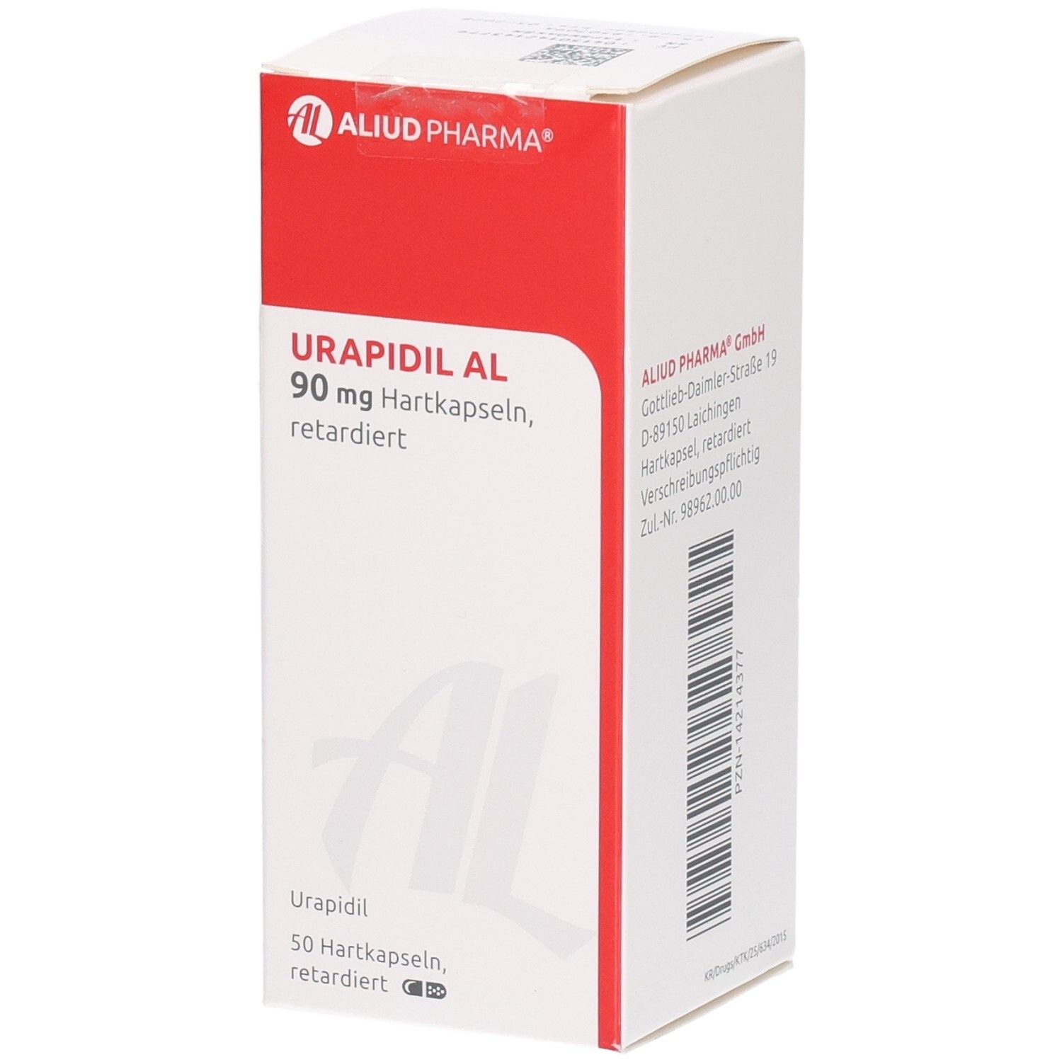 Weiß-rote Schachtel mit Urapidil AL 90 mg Hartkapseln retardiert. Logo von ALIUD PHARMA. Text auf Deutsch.