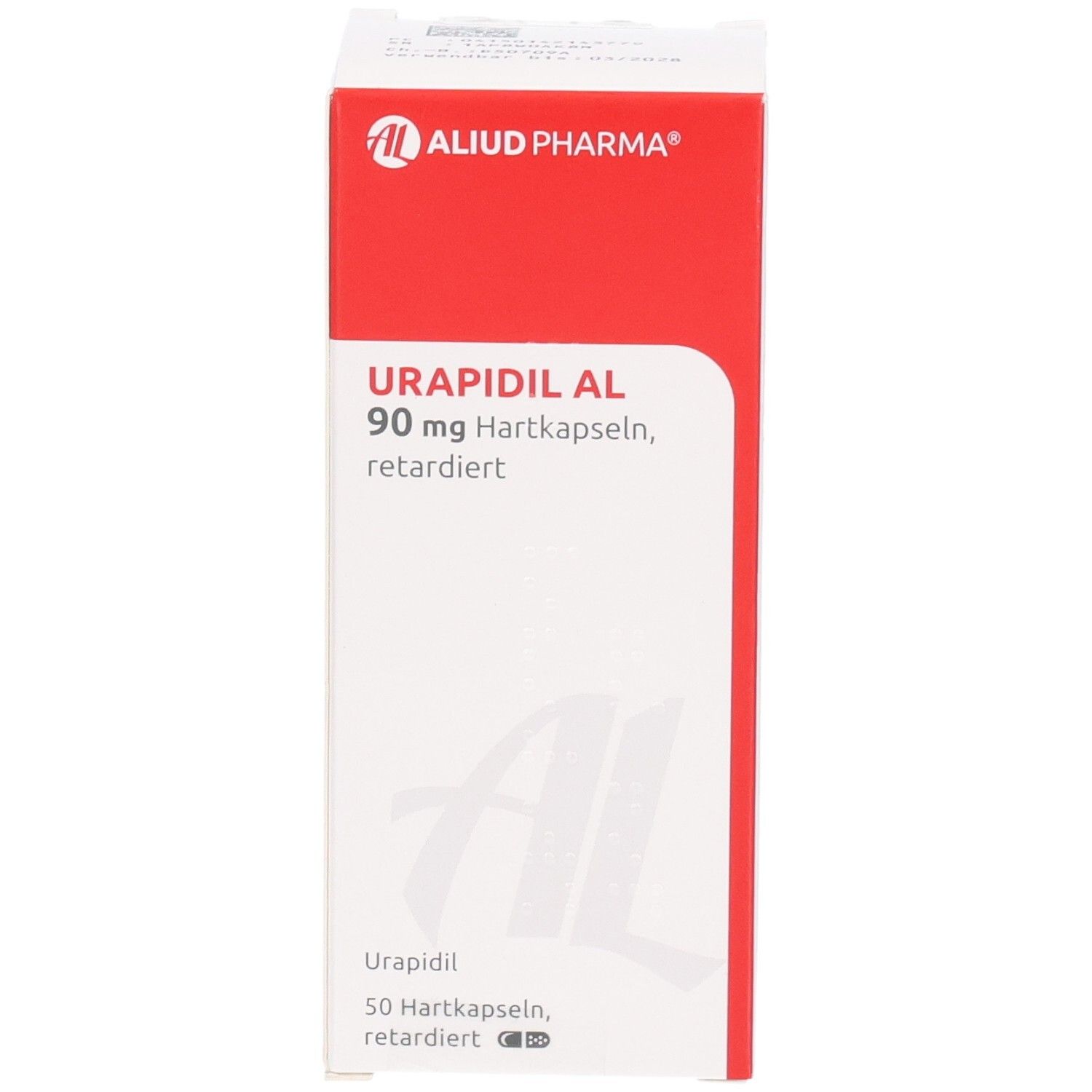 Weiß-rote Schachtel mit Urapidil AL 90 mg Hartkapseln retardiert. Logo von ALIUD PHARMA. Text auf Deutsch.