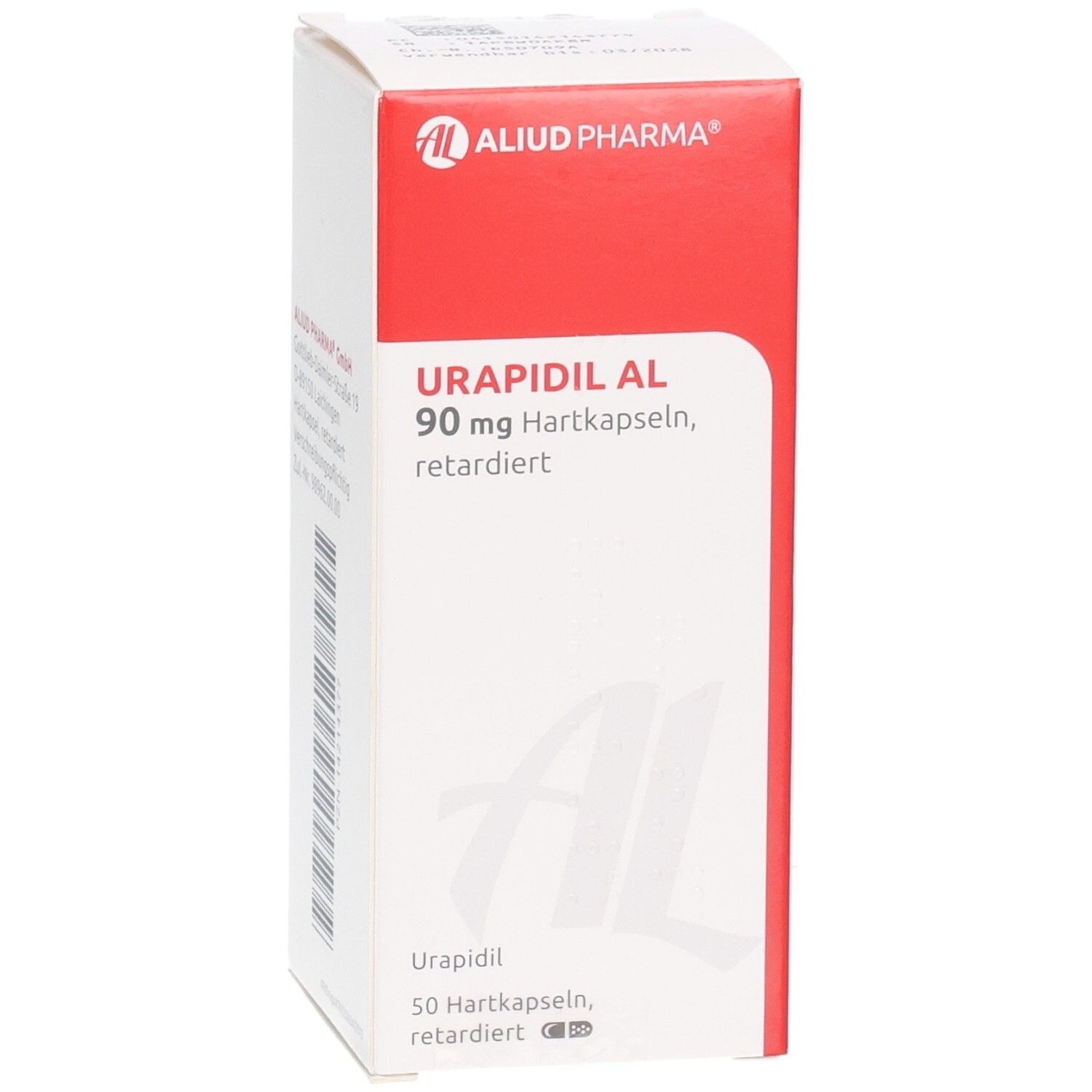 Weiß-rote Schachtel mit Urapidil AL 90 mg Hartkapseln retardiert. Logo von ALIUD PHARMA. Text auf Deutsch.